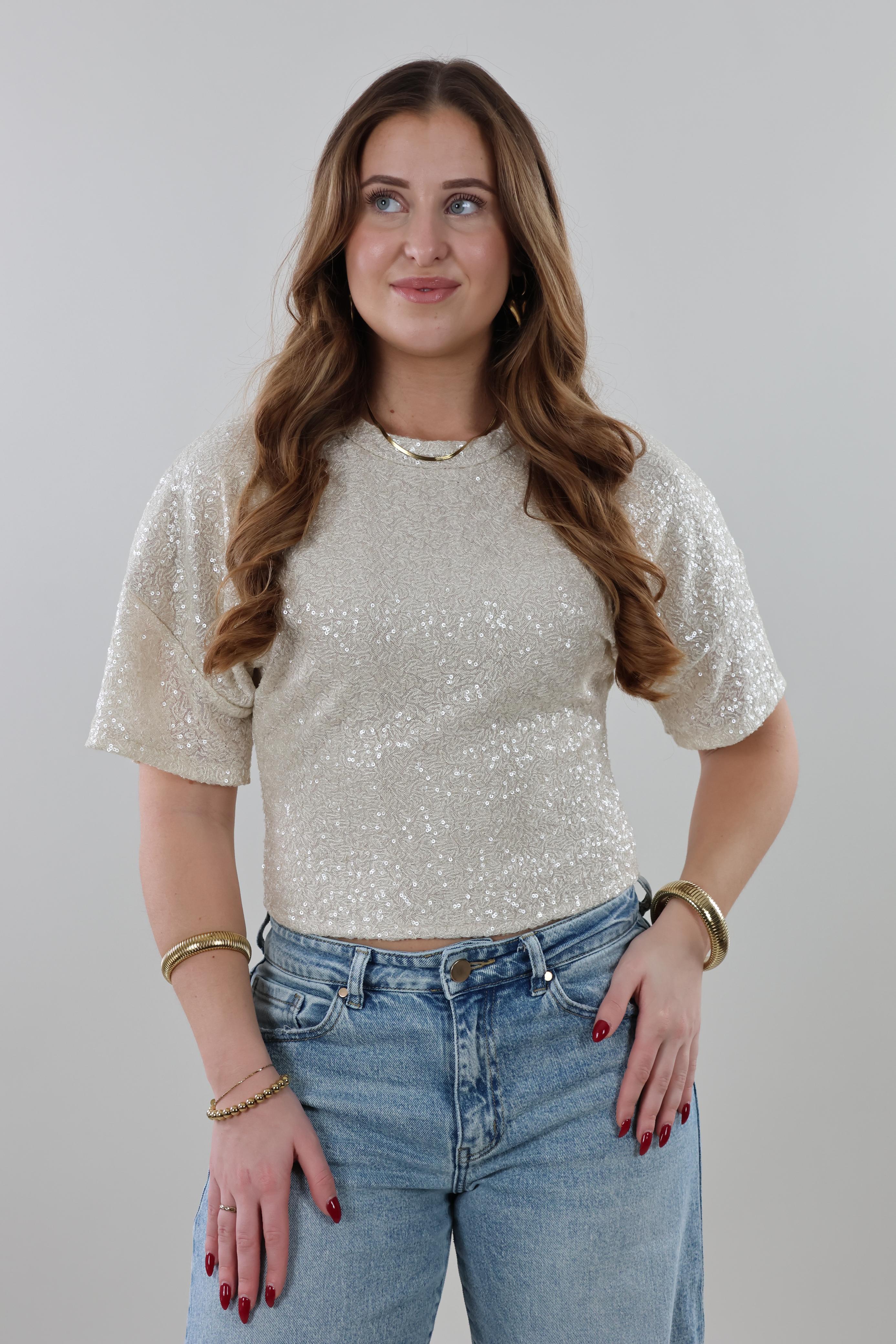 Fitted sequin sparkle Top – Crème
