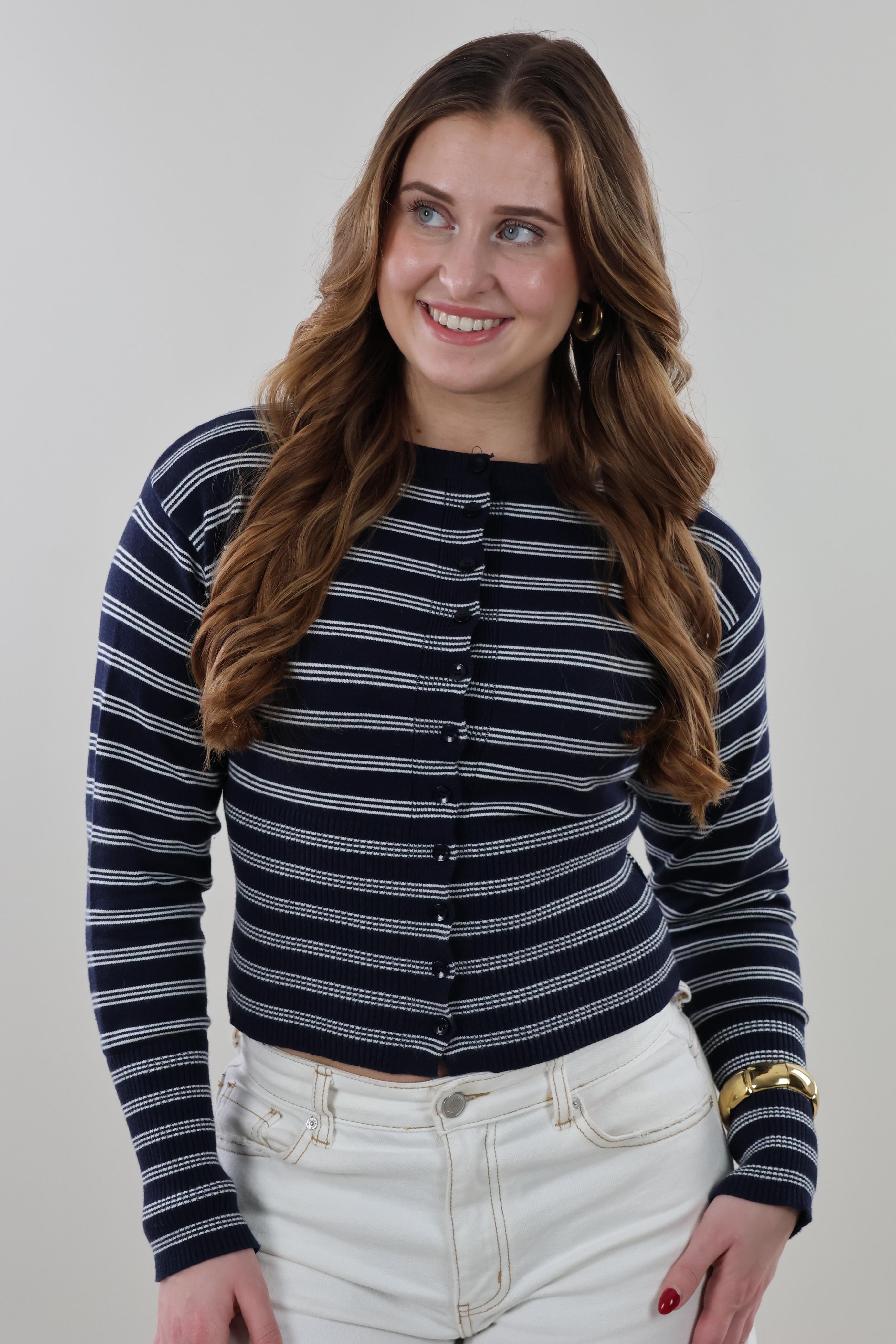 Striped ribbed knit Cardigan - Navy