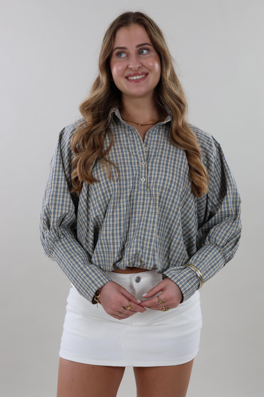 Plaid cropped Blouse - Beige