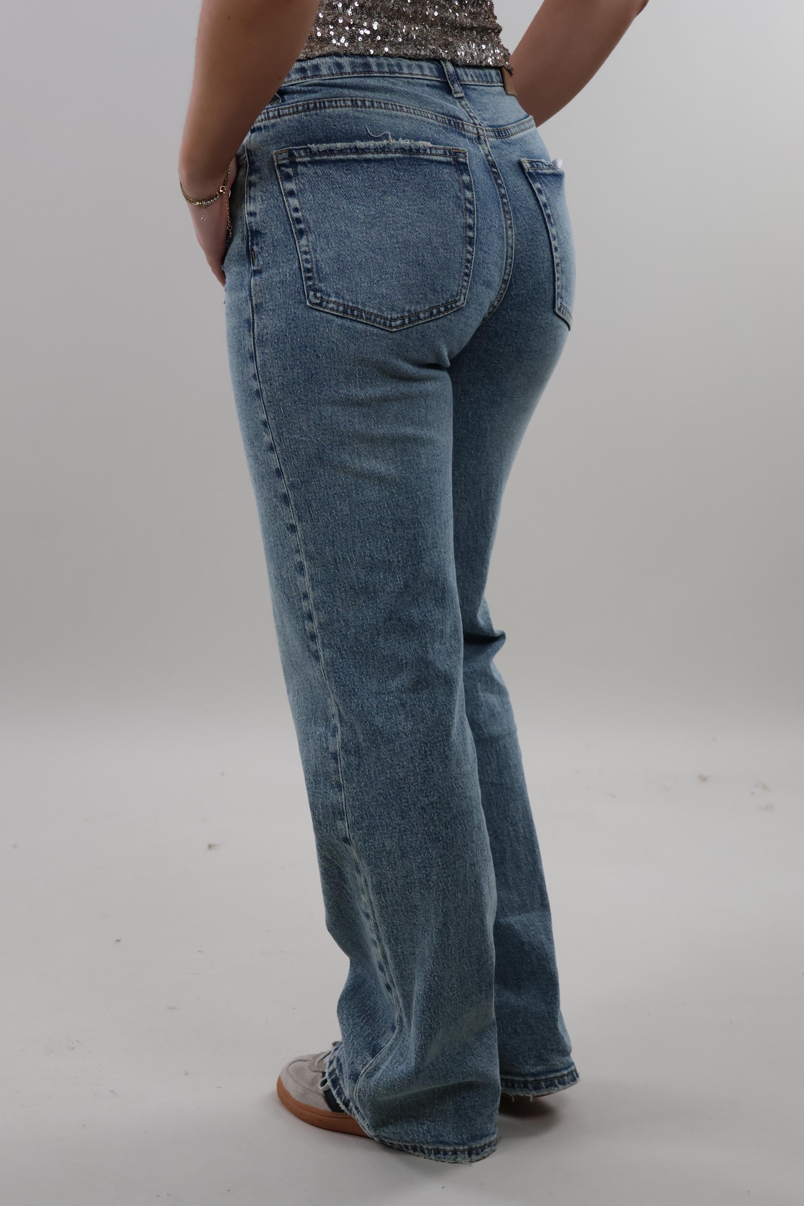 Distressed straight leg Jeans - Stretch - Mid washed blue