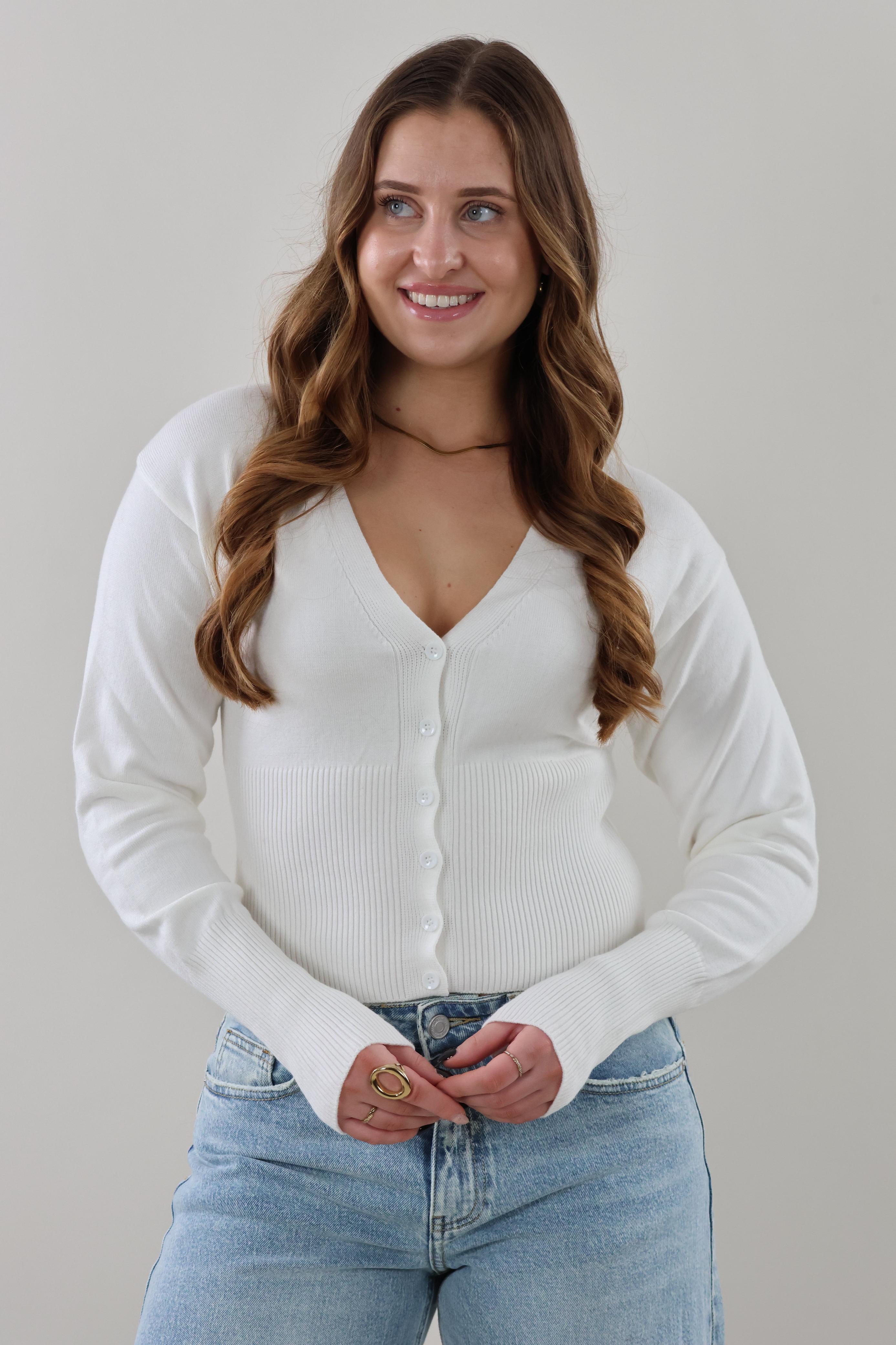Ribbed button Cardigan - White