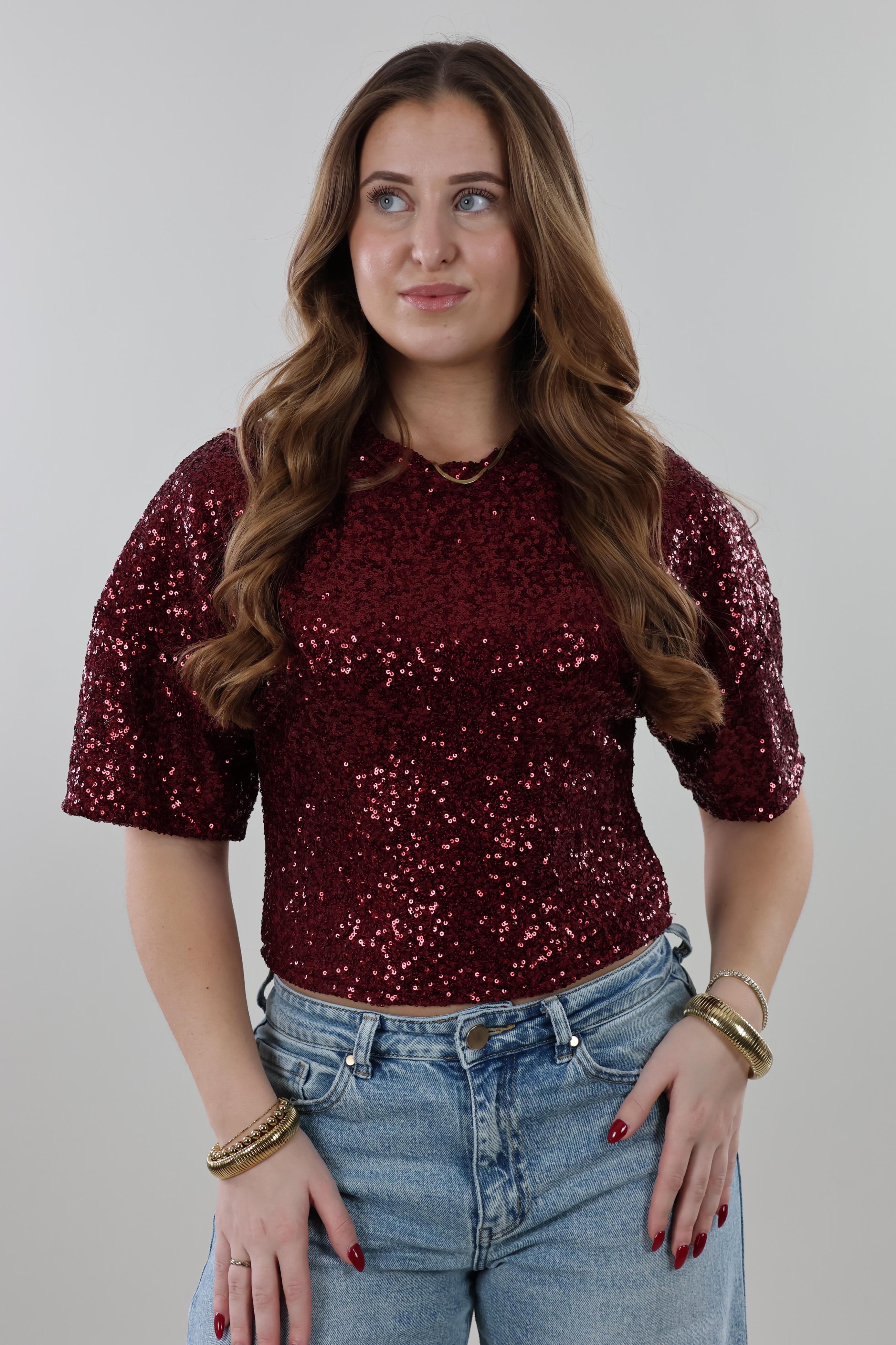 Fitted sequin sparkle Top – Burgundy