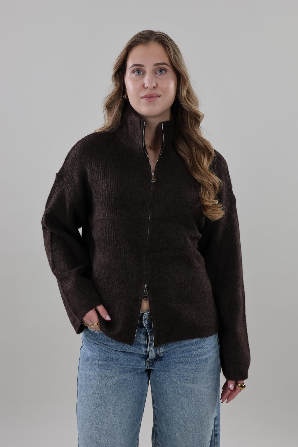 High neck zip Cardigan - Dark brown