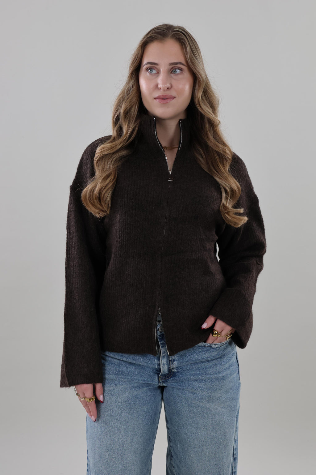 High neck zip Cardigan - Dark brown