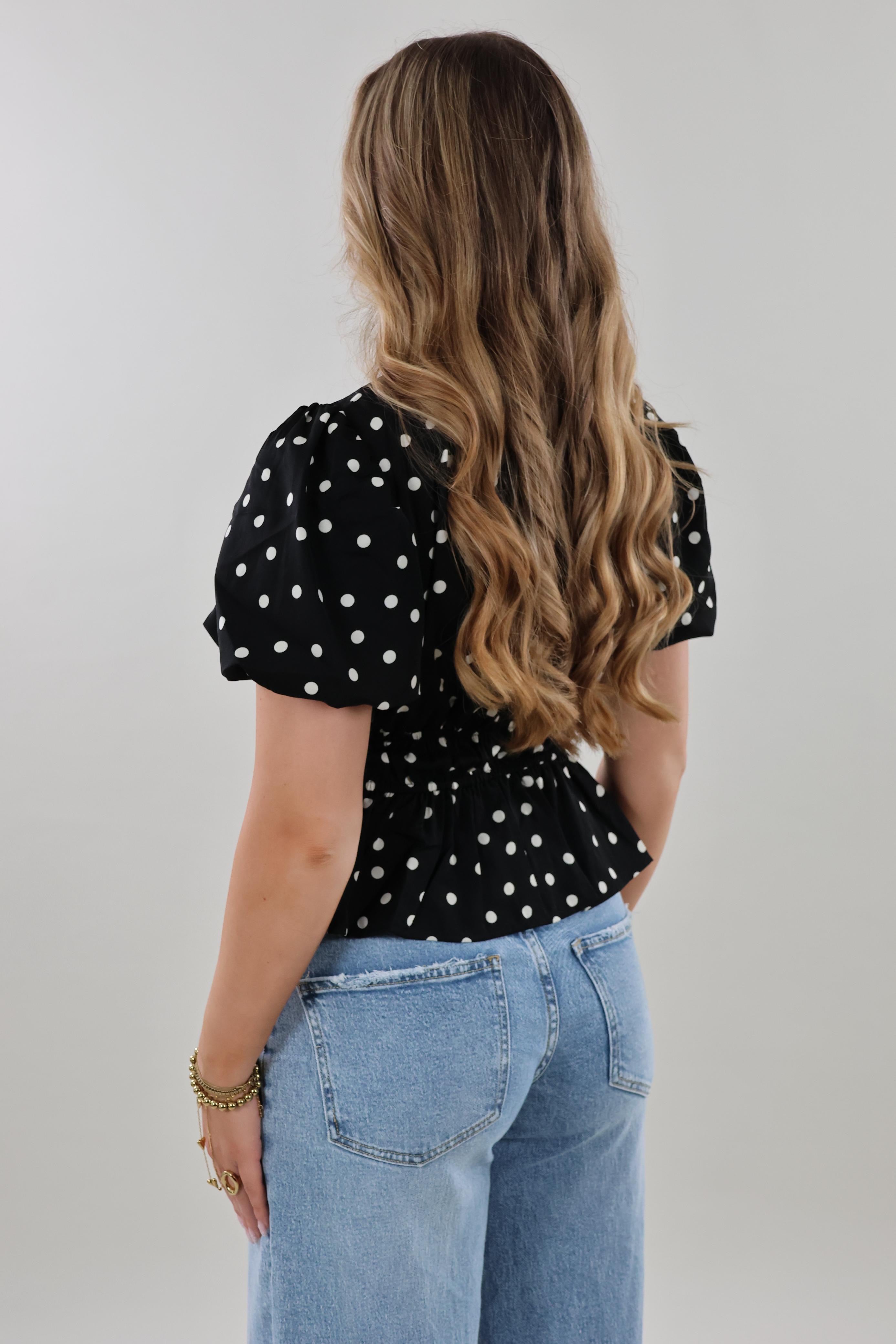 Polka smocked puff sleeve Top - Black