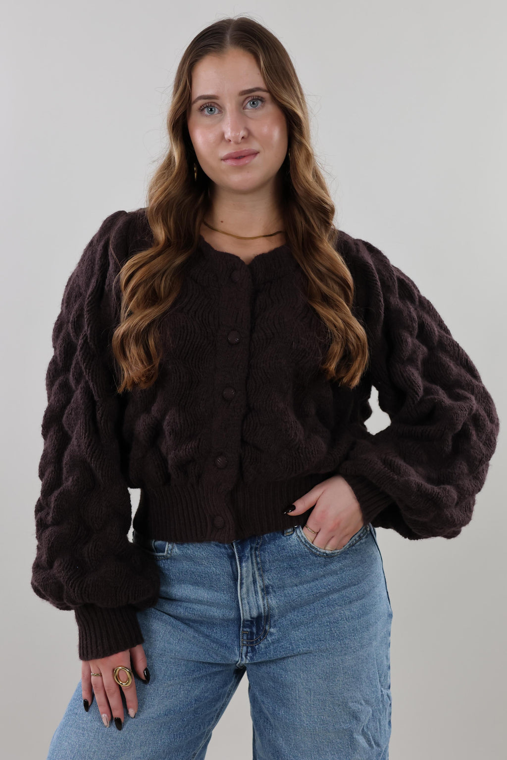 Bubbled knit Cardigan - Brown