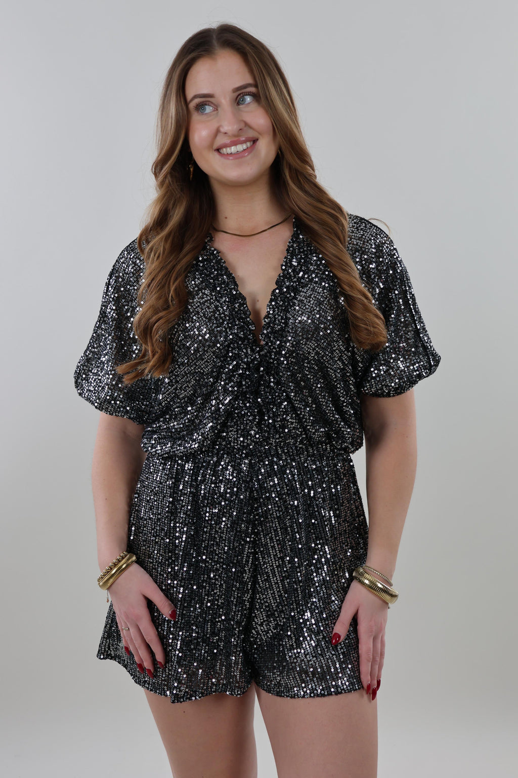 Sequin V-neck Playsuit – Silver