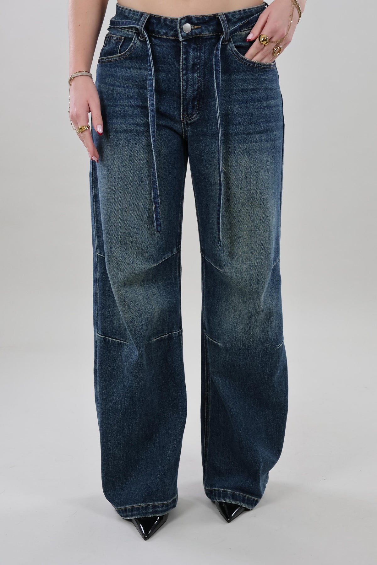 Tie waist balloon Jeans - Dark washed blue