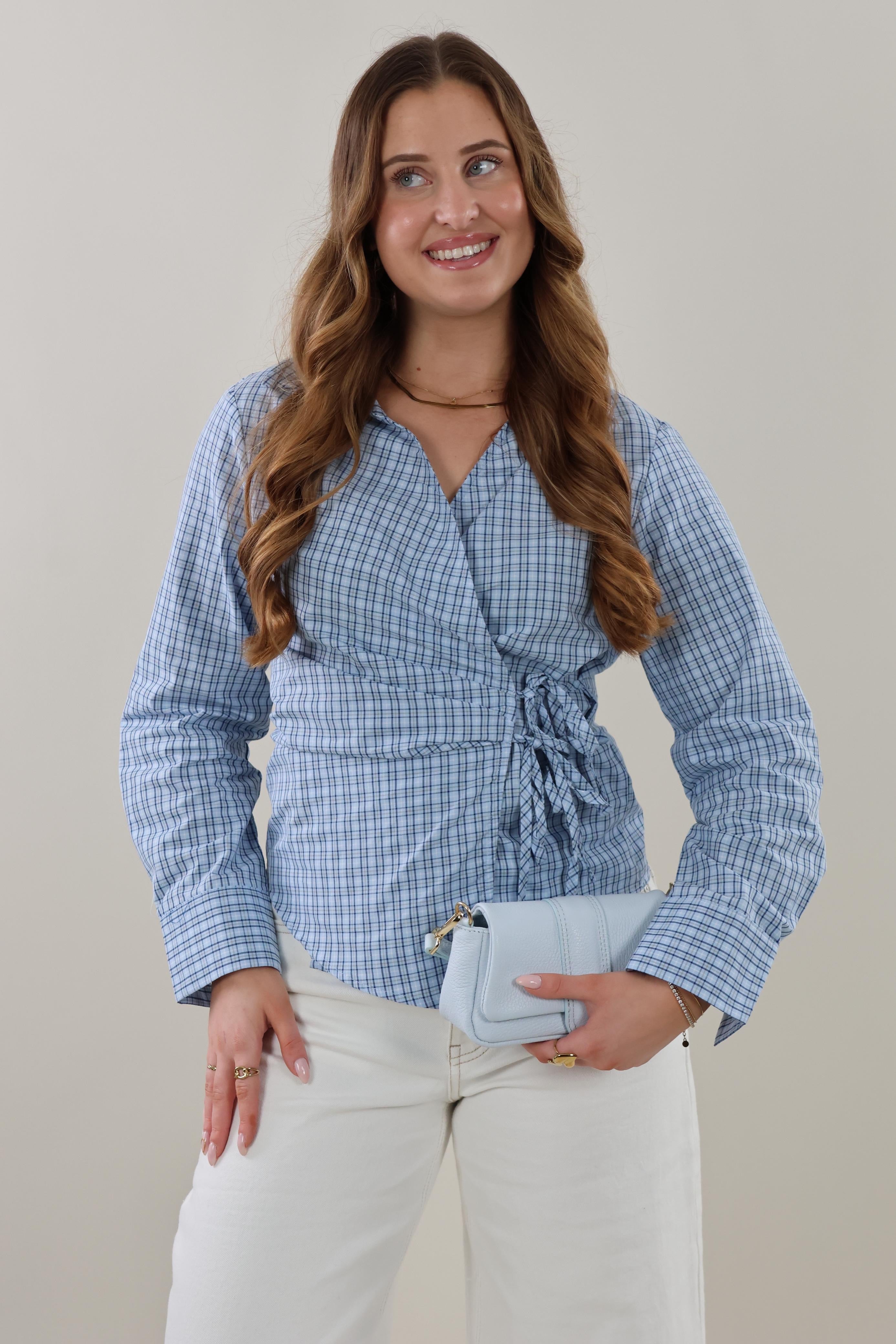 Check wrap Blouse - Light blue