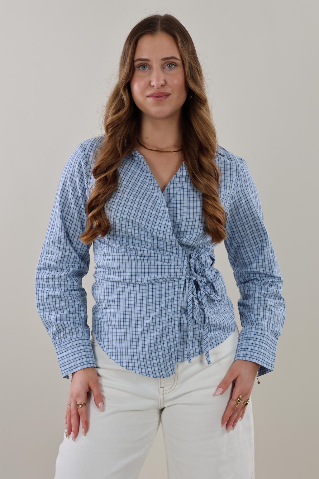 Check wrap Blouse - Light blue