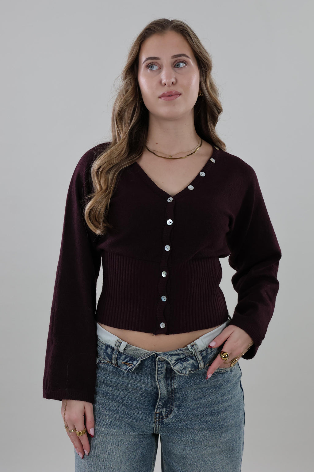 V-neck button Knit - Plum