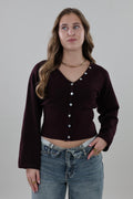 V-neck button Knit - Plum