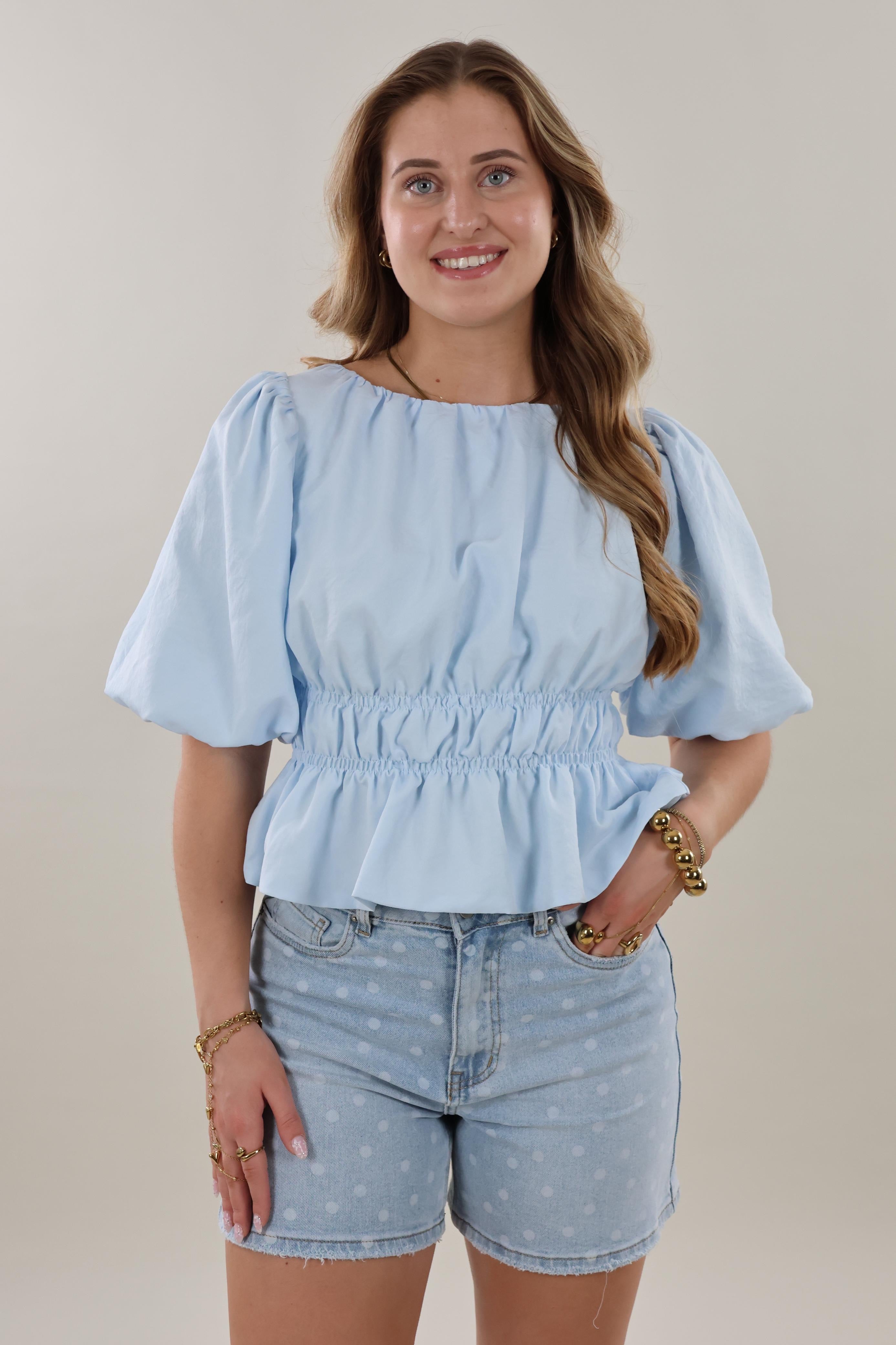 Smocked puff sleeve Top - Light blue