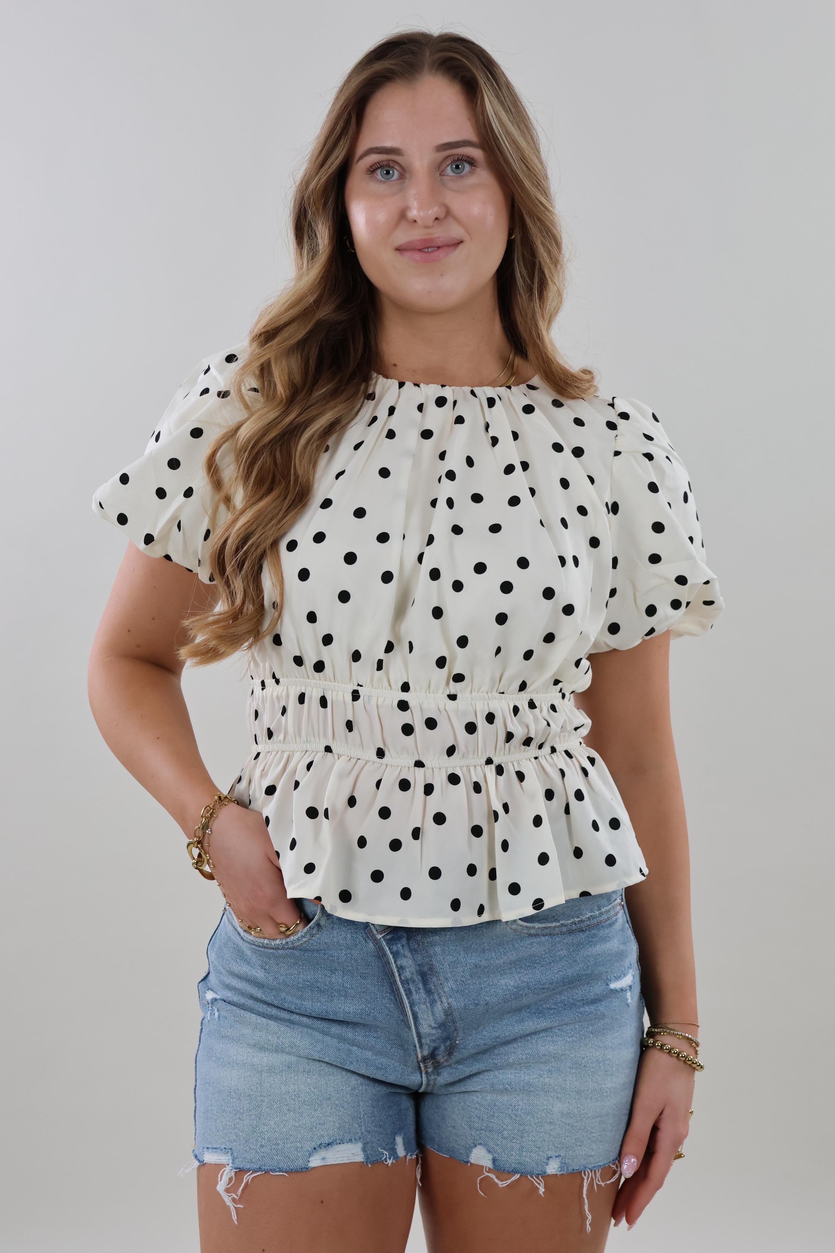 Polka smocked puff sleeve Top - Off white