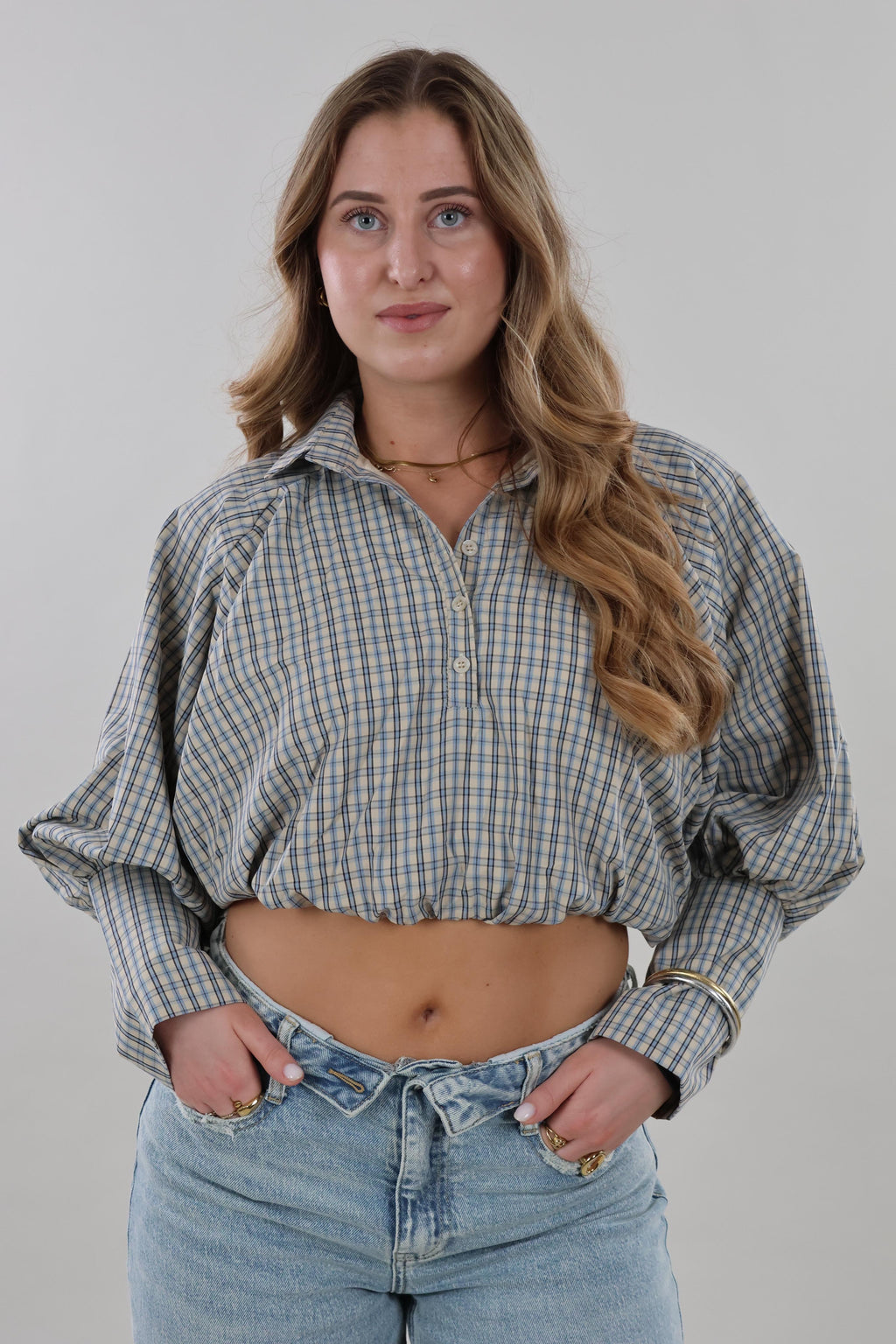 Plaid cropped Blouse - Beige