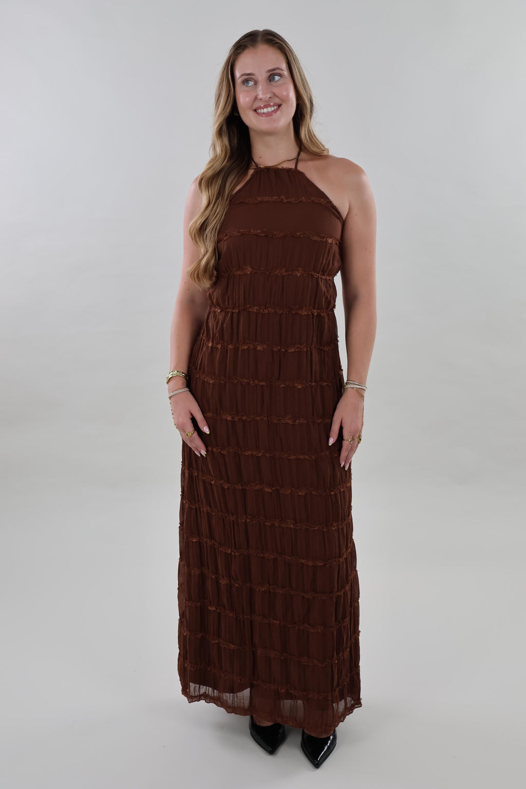 Textured open back maxi Dress - Brown