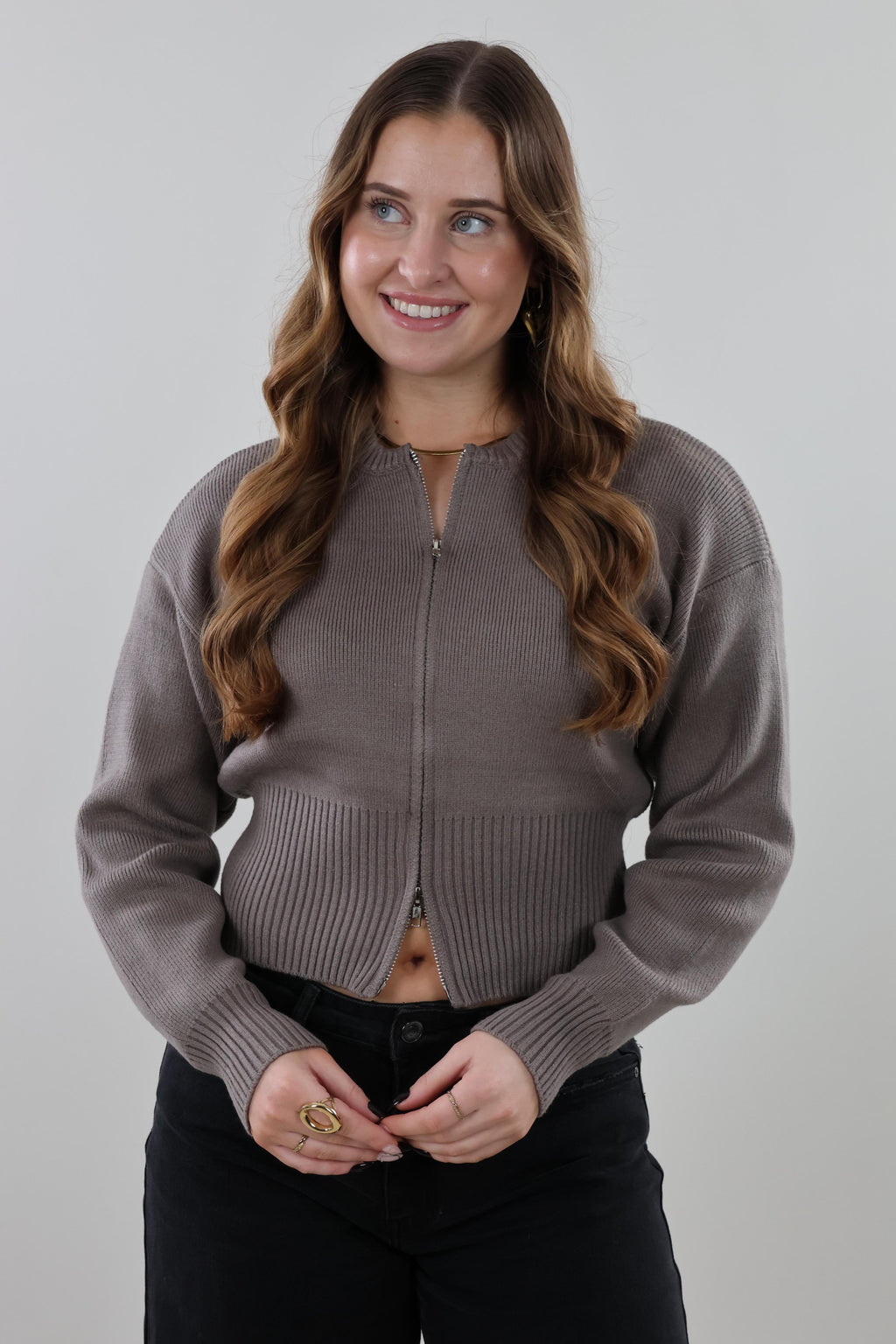 Zip-up knit Cardigan - Taupe