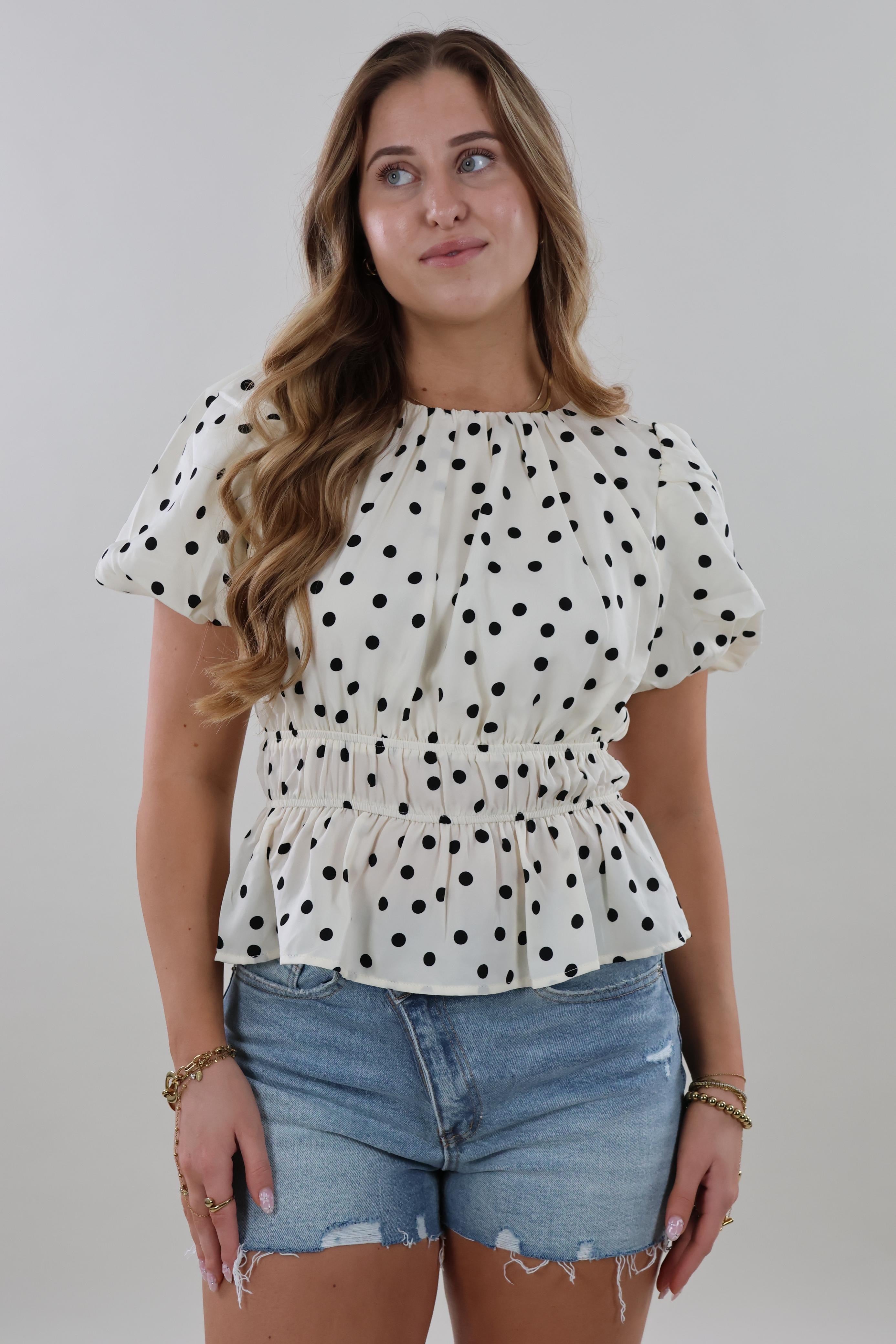 Polka smocked puff sleeve Top - Off white