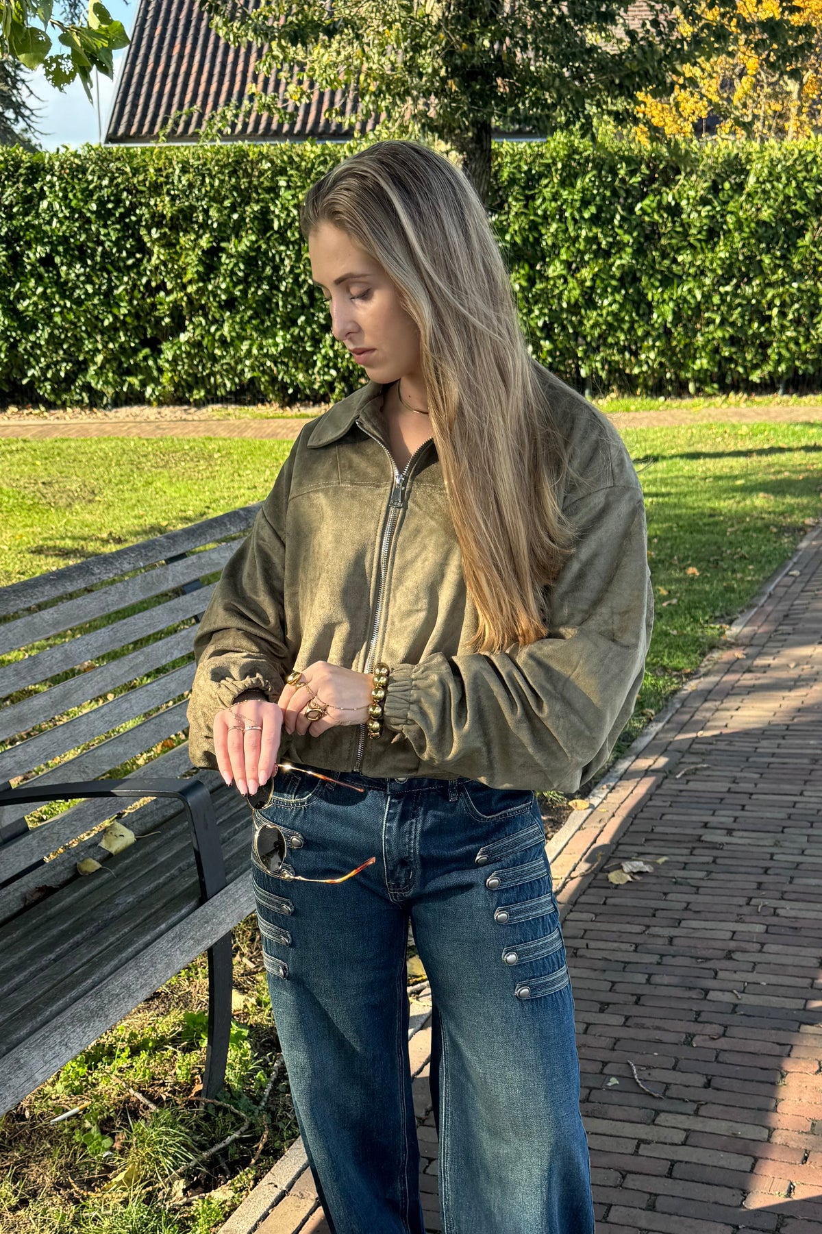 Suede look cropped Jacket - Khaki