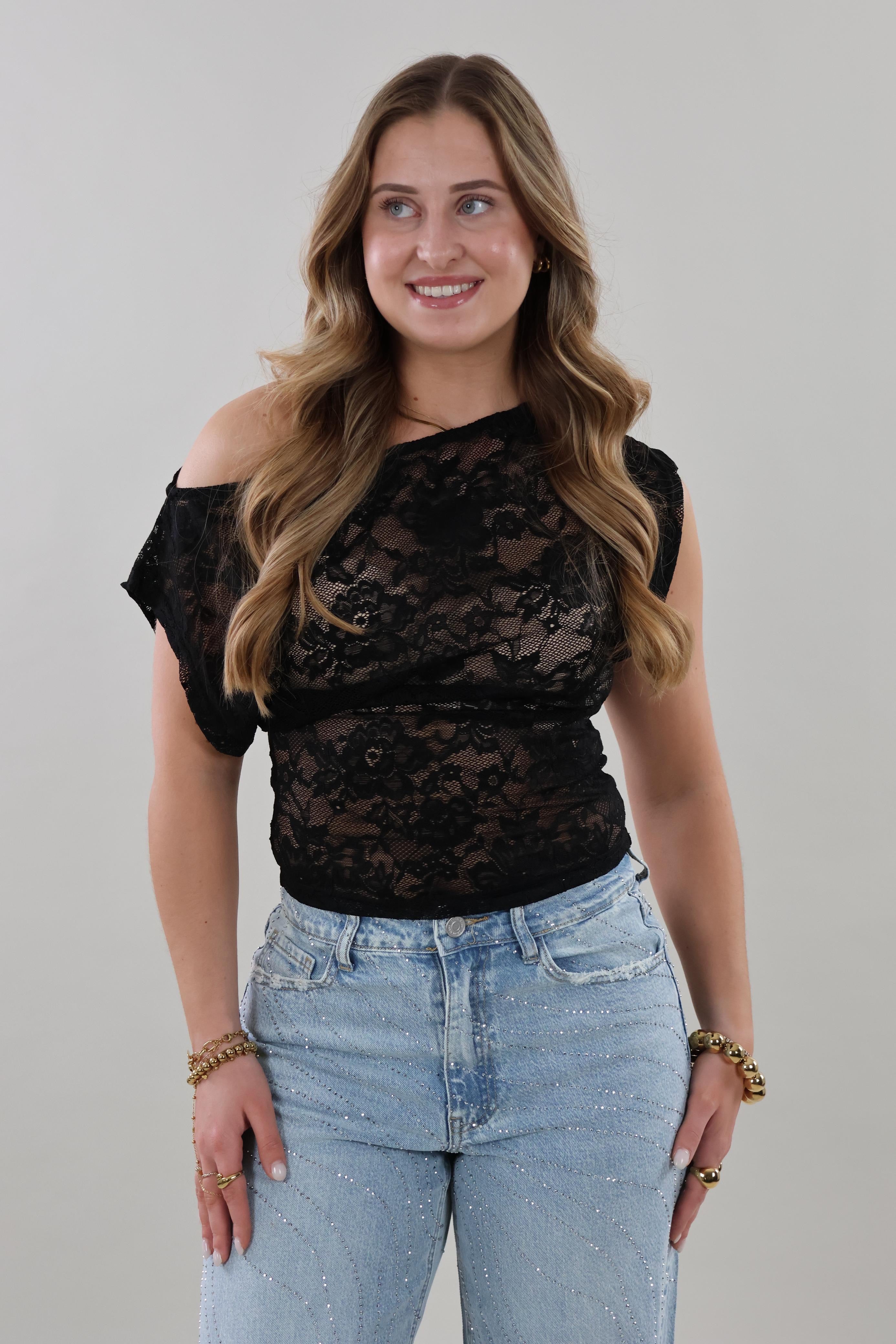 Sheer lace cropped Top - Black