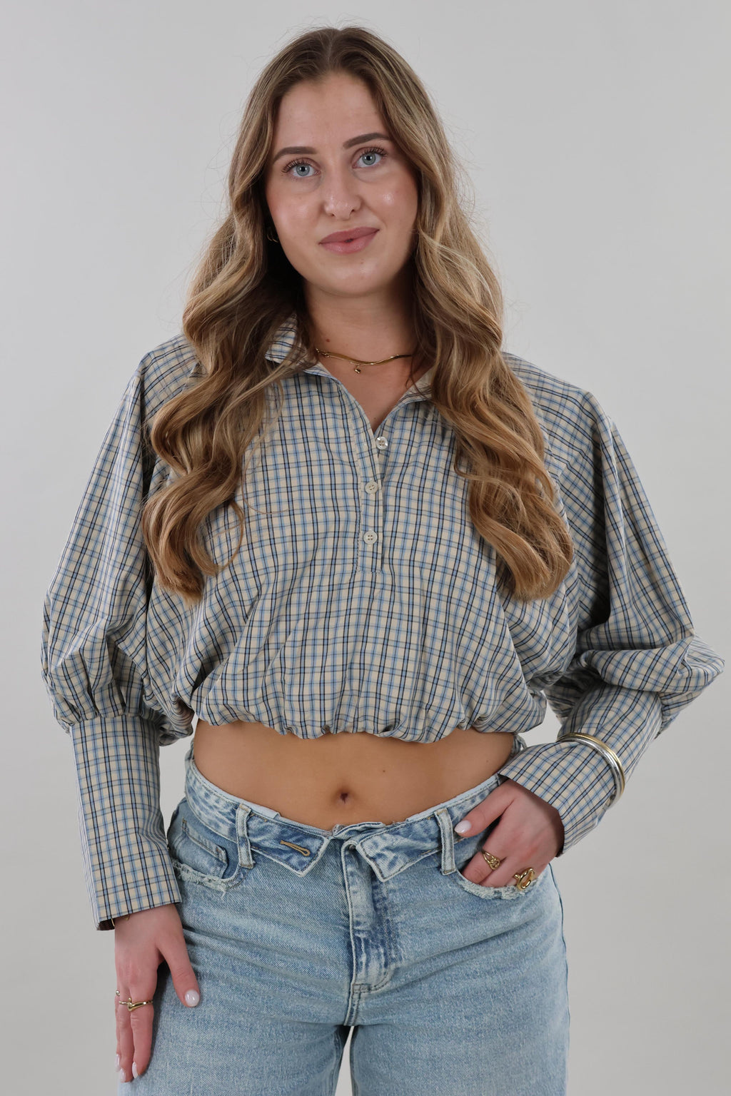 Plaid cropped Blouse - Beige