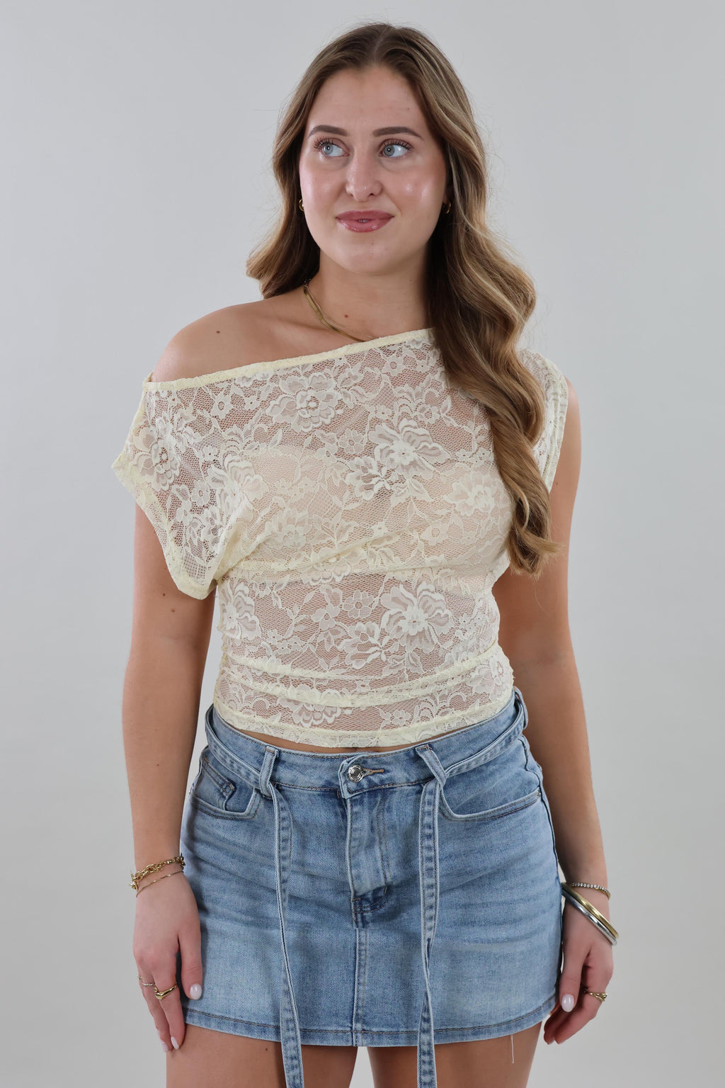 Sheer lace cropped Top - Butter yellow