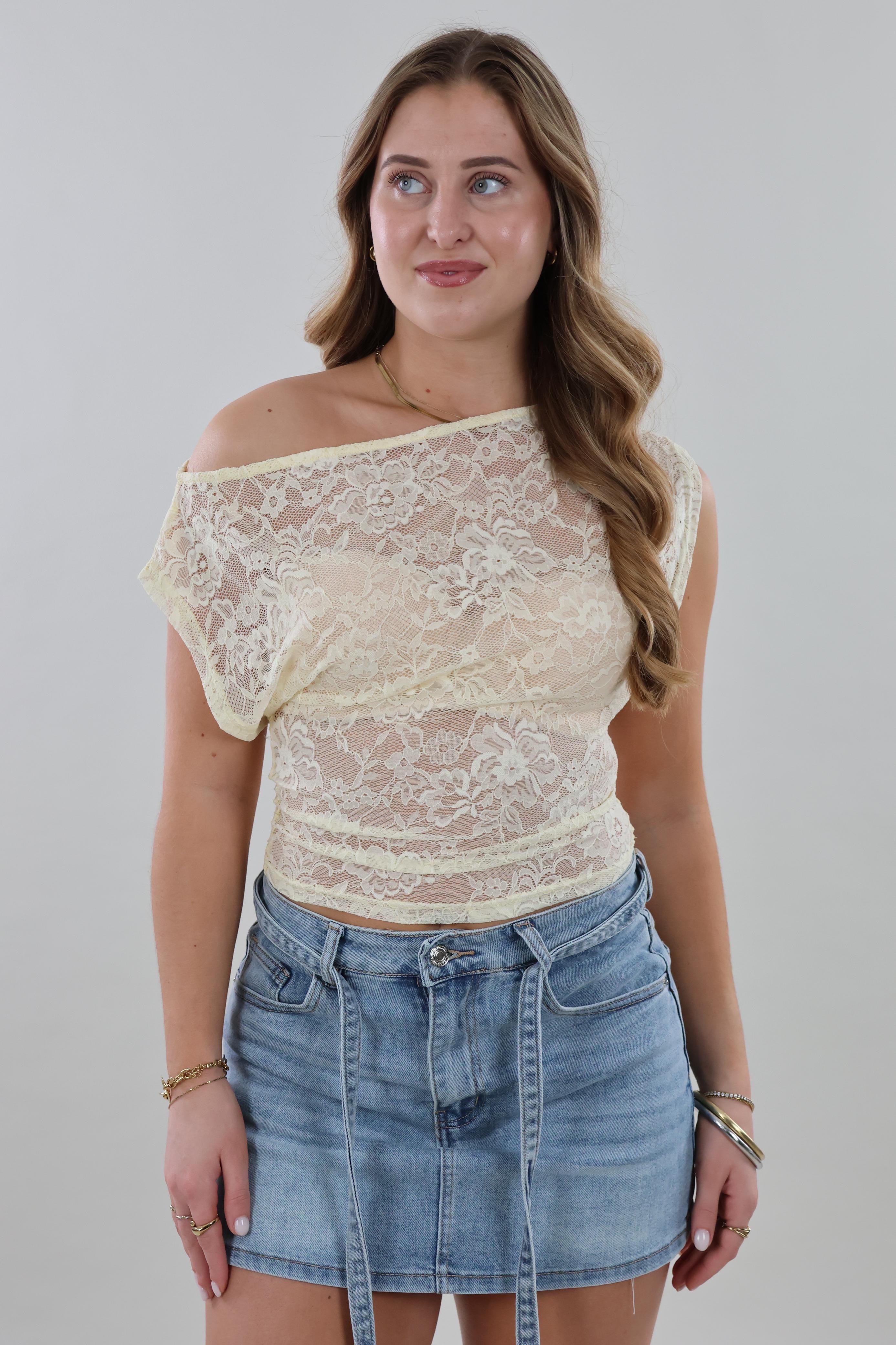 Sheer lace cropped Top - Butter yellow