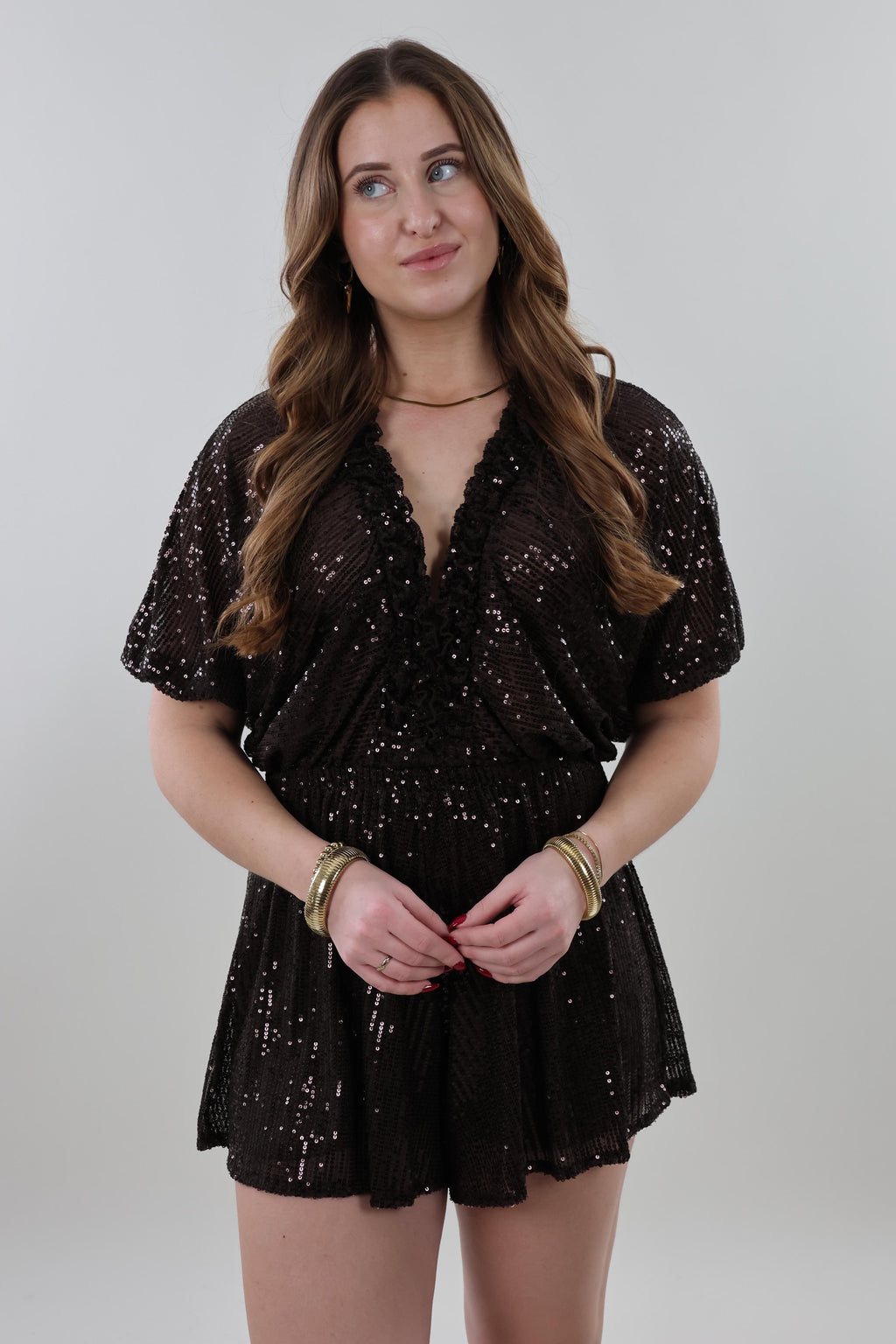 Sequin V-neck Playsuit – Dark brown