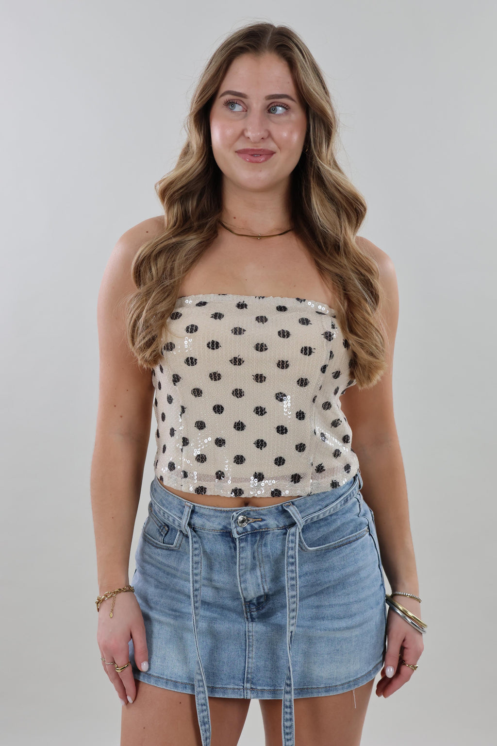 Sequin polka dot bandeau Top - Beige