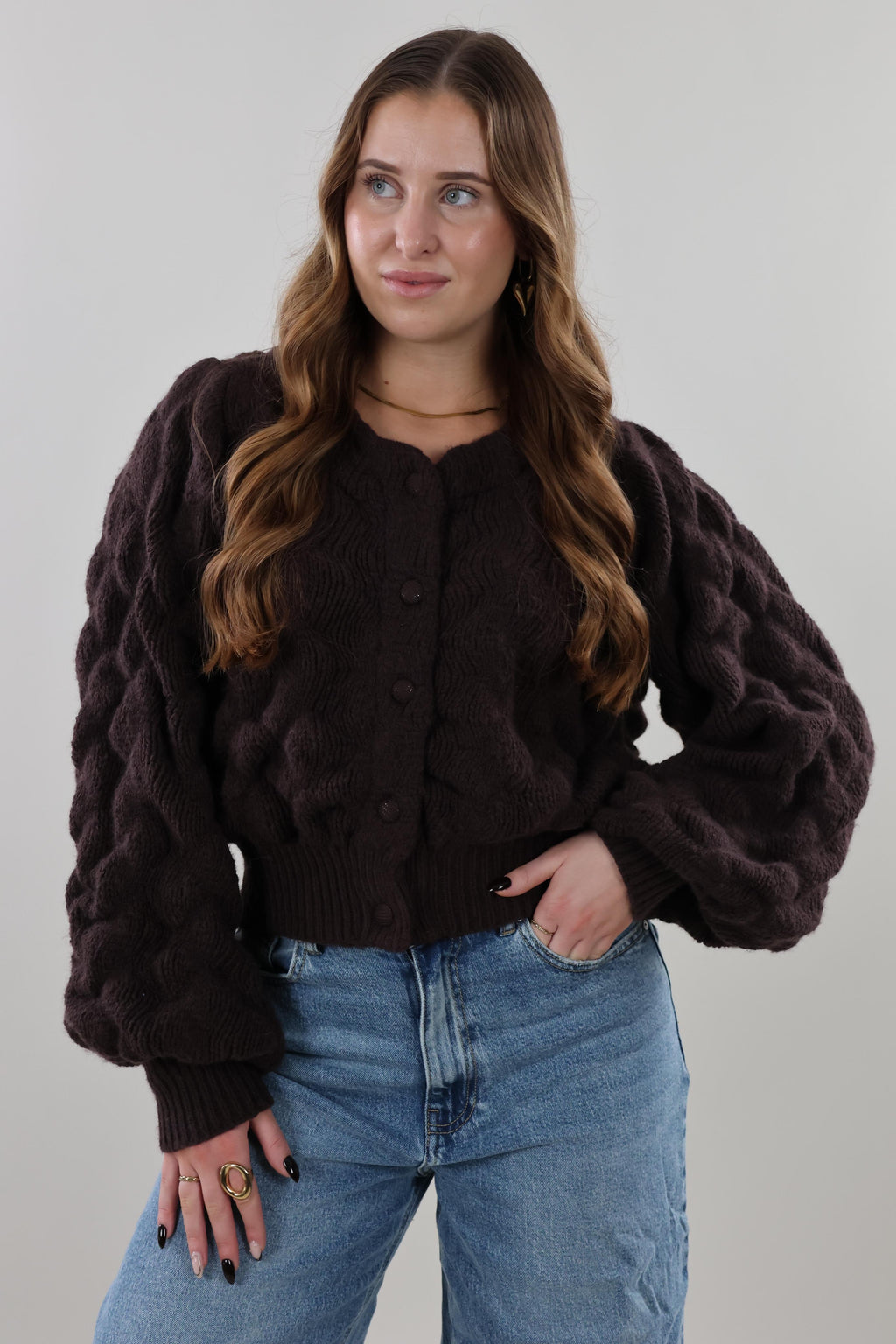 Bubbled knit Cardigan - Brown