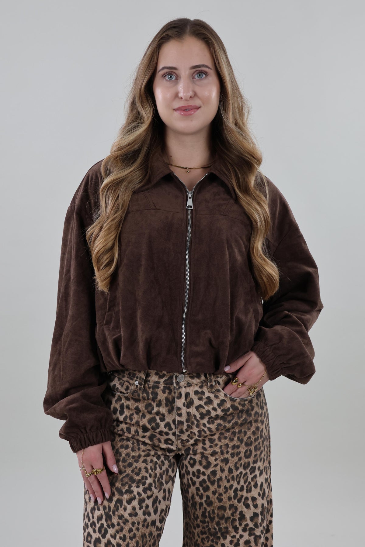 Suede look cropped Jacket - Brown