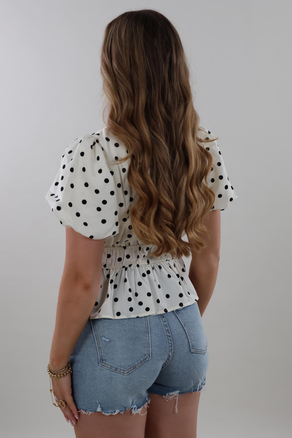 Polka smocked puff sleeve Top - Off white