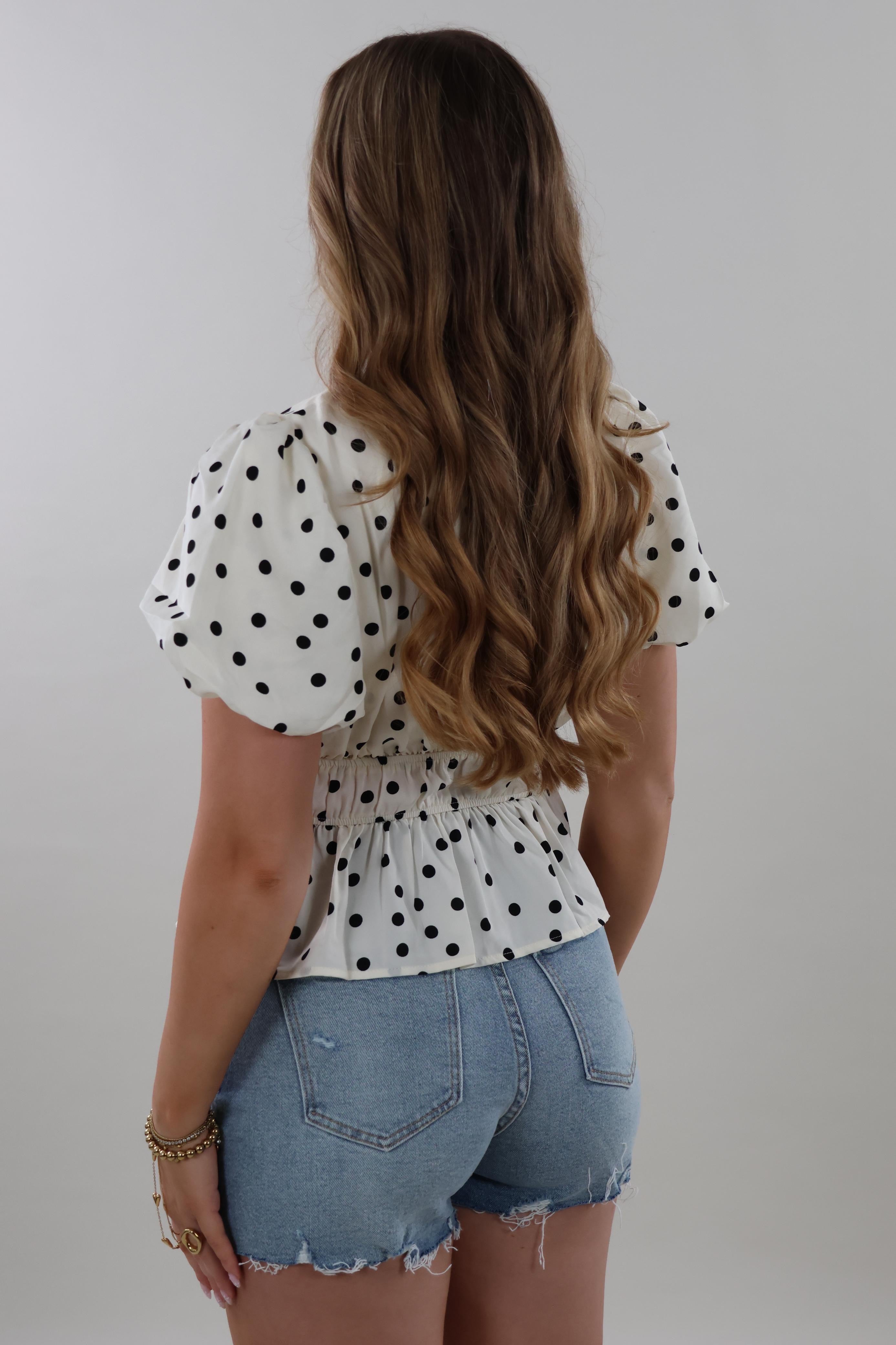 Polka smocked puff sleeve Top - Off white