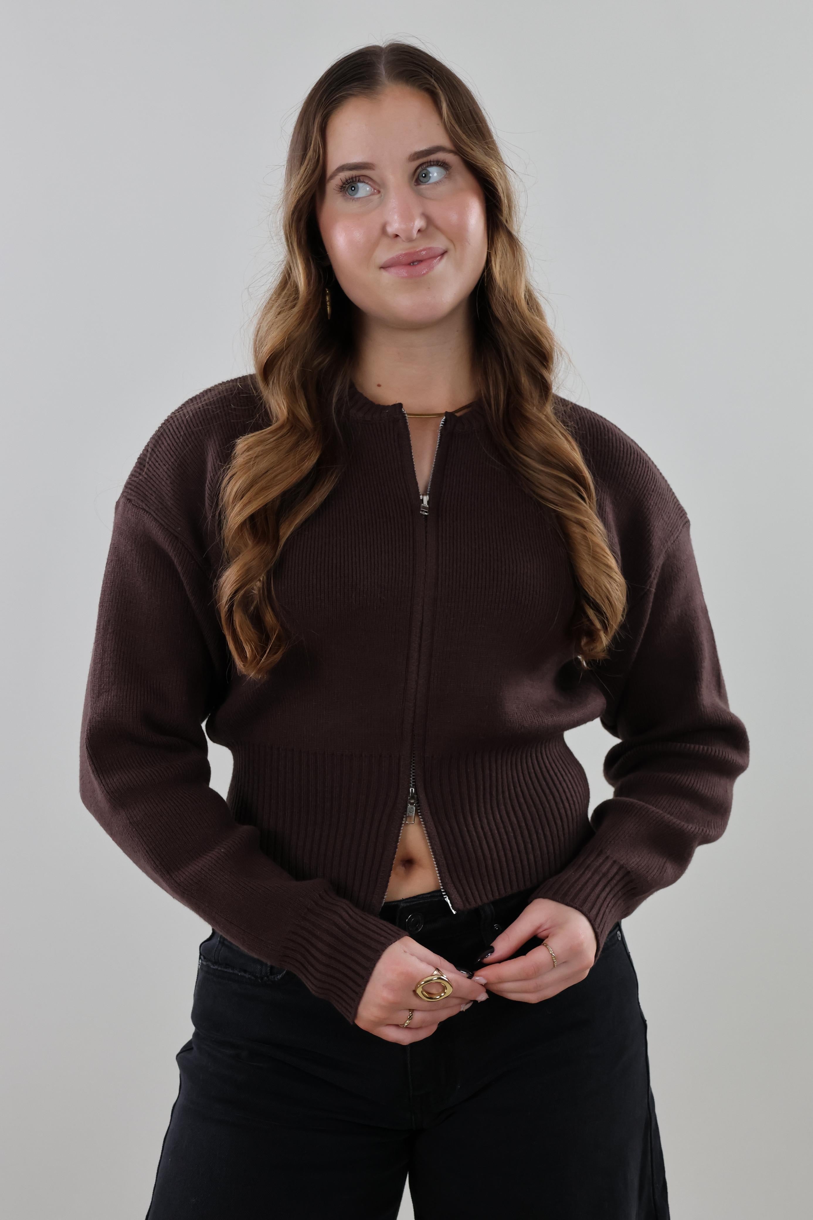 Zip-up knit Cardigan - Brown