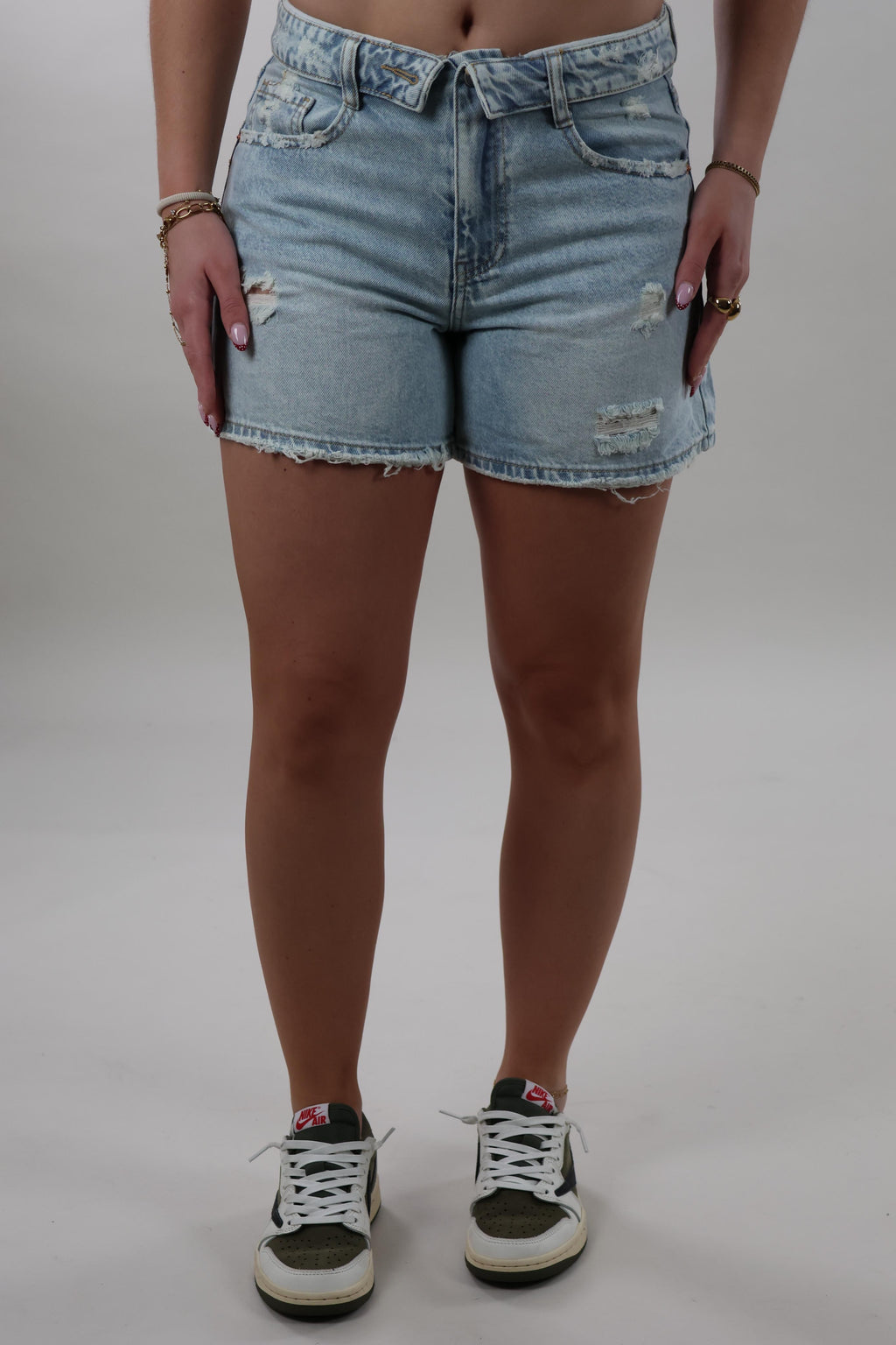 Fold over ripped denim Shorts - Stretch