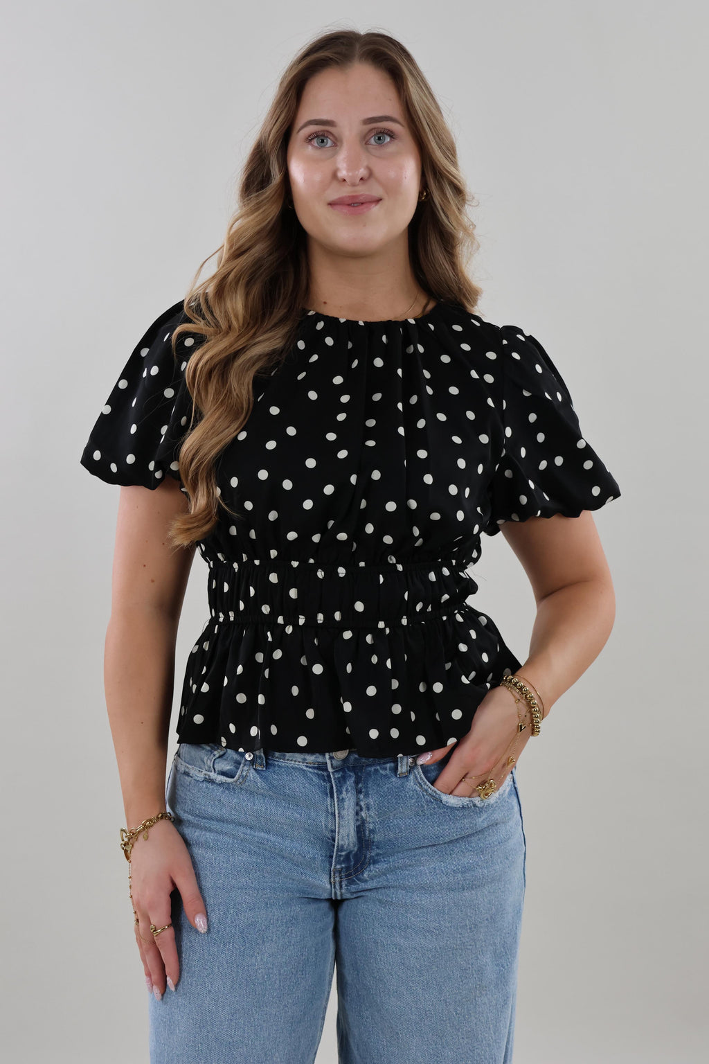 Polka smocked puff sleeve Top - Black