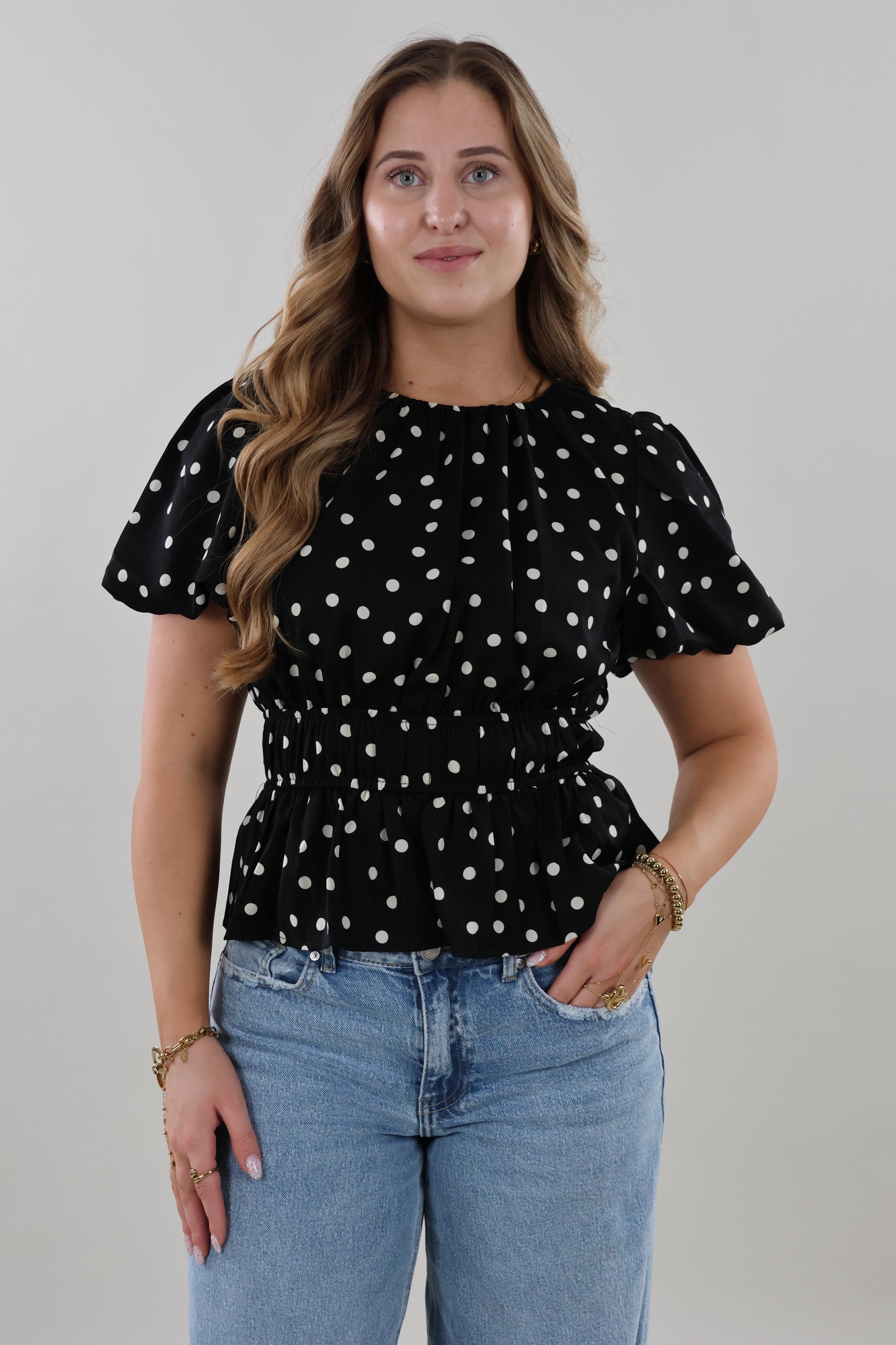 Polka smocked puff sleeve Top - Black