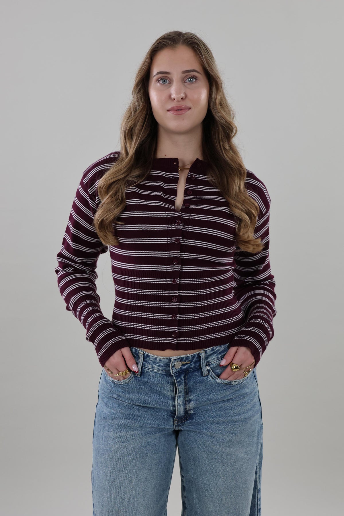 Striped ribbed knit Cardigan - Burgundy