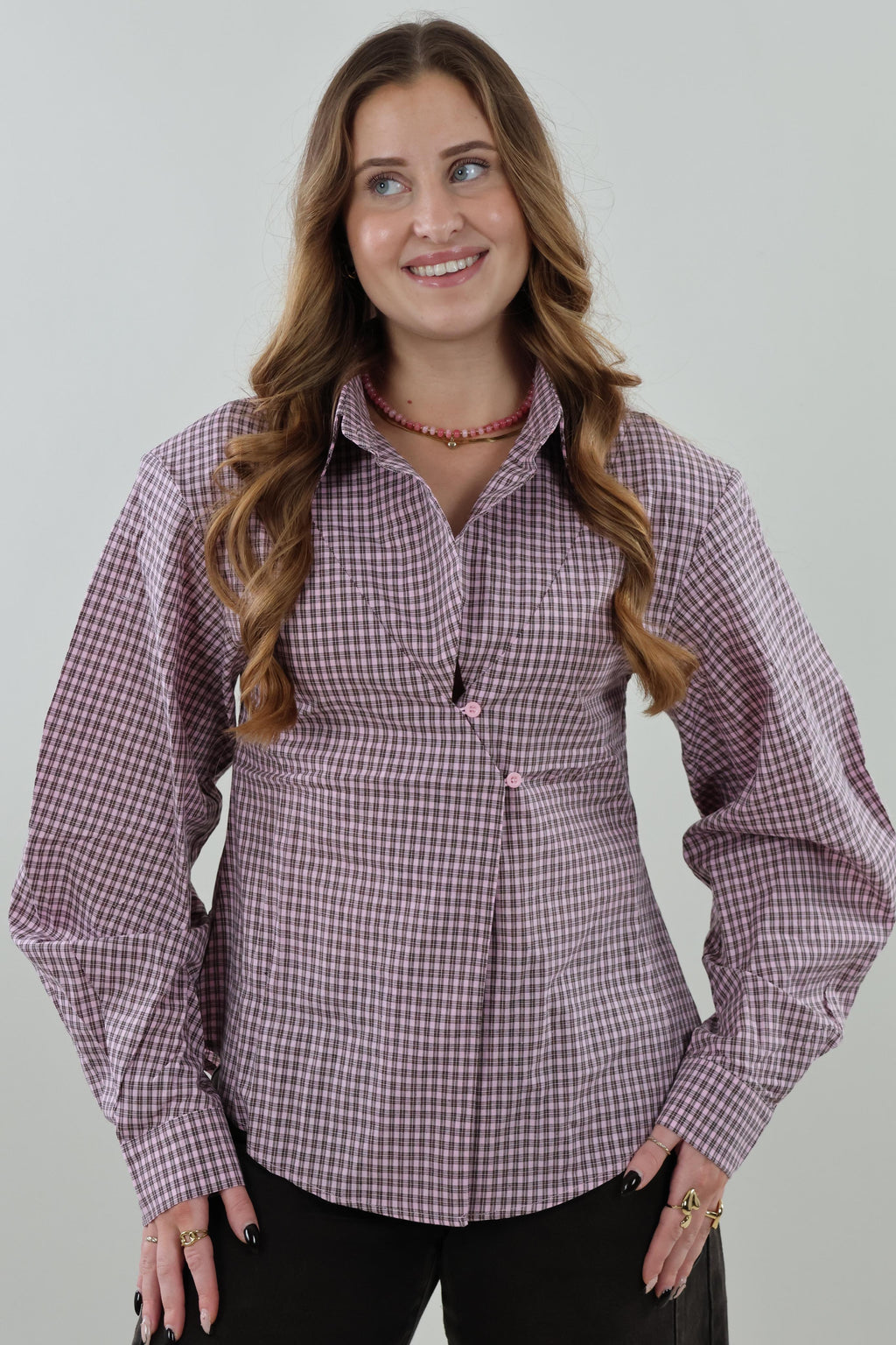 Checked button Blouse - Pink