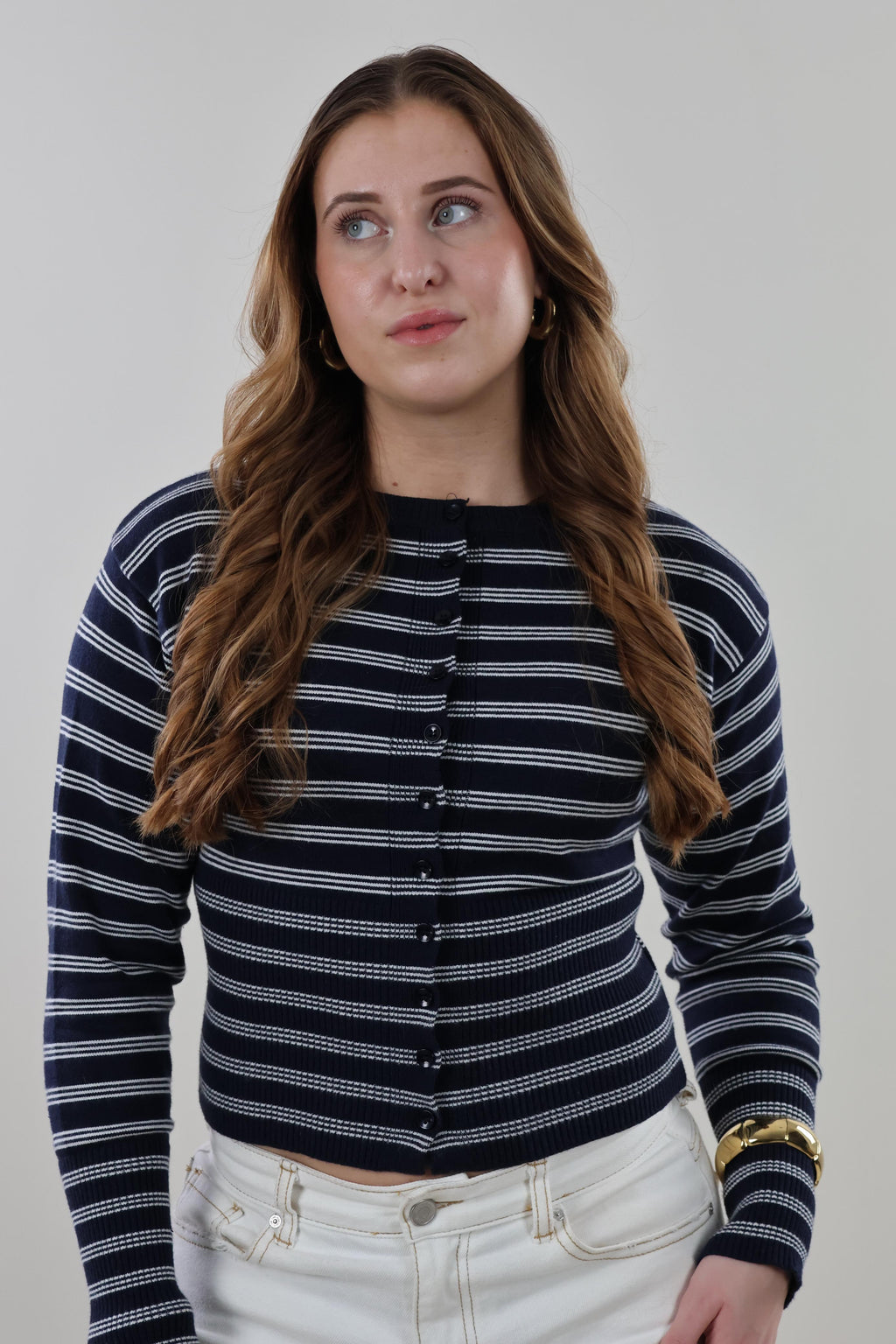 Striped ribbed knit Cardigan - Navy