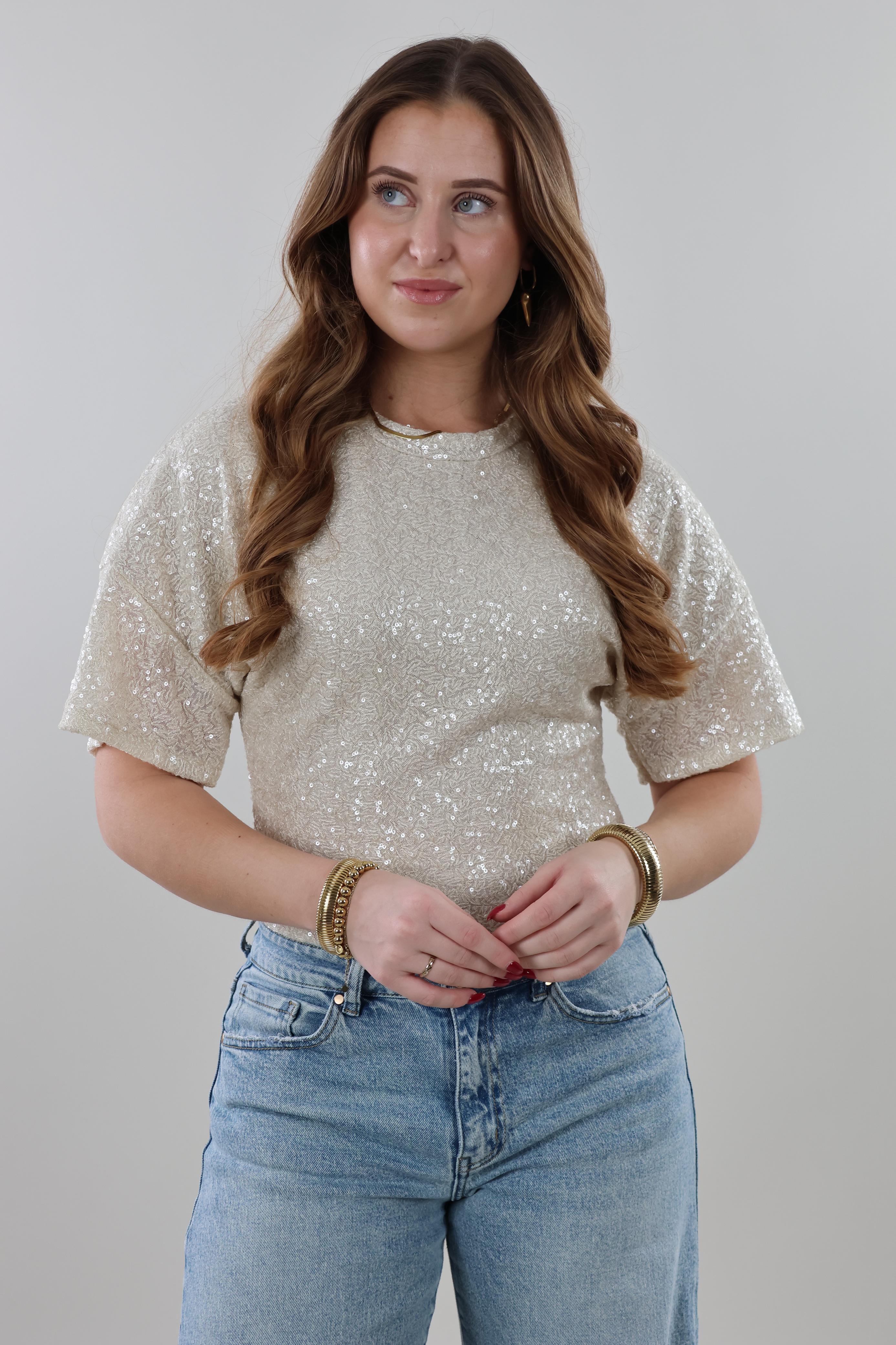 Fitted sequin sparkle Top – Crème