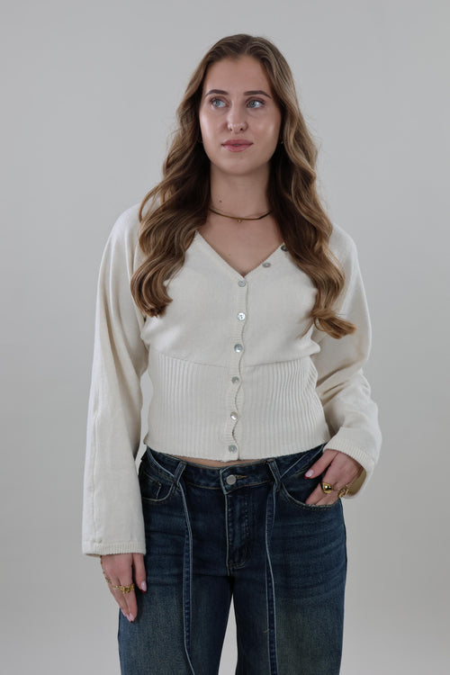 V-neck button Knit - Crème
