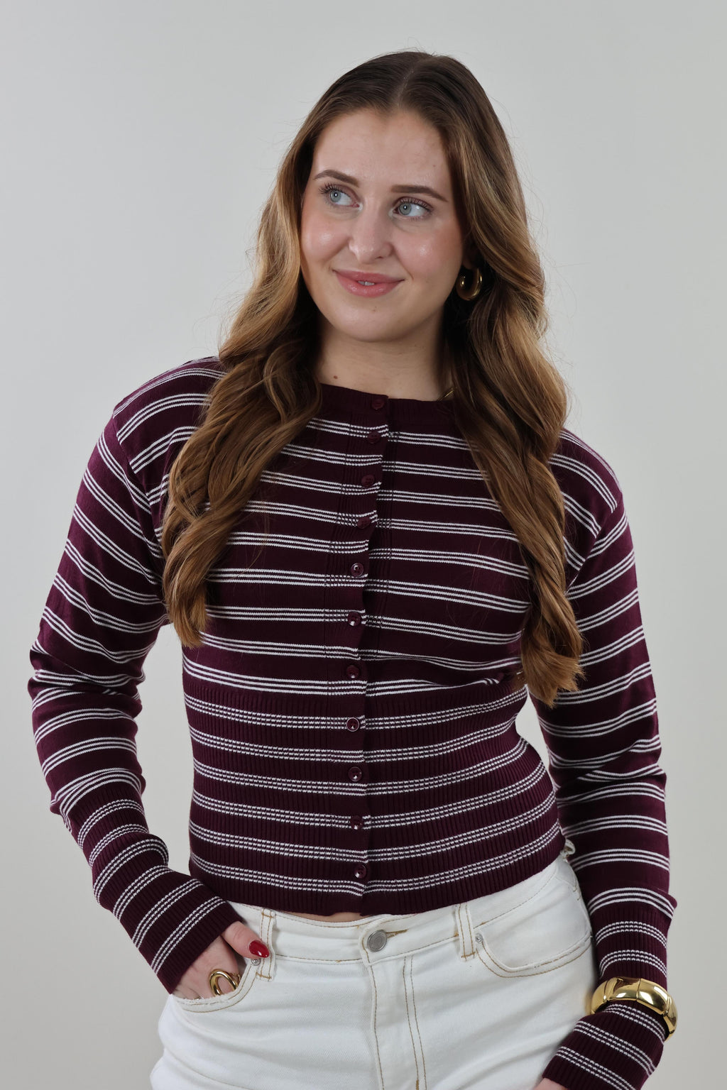 Striped ribbed knit Cardigan - Burgundy