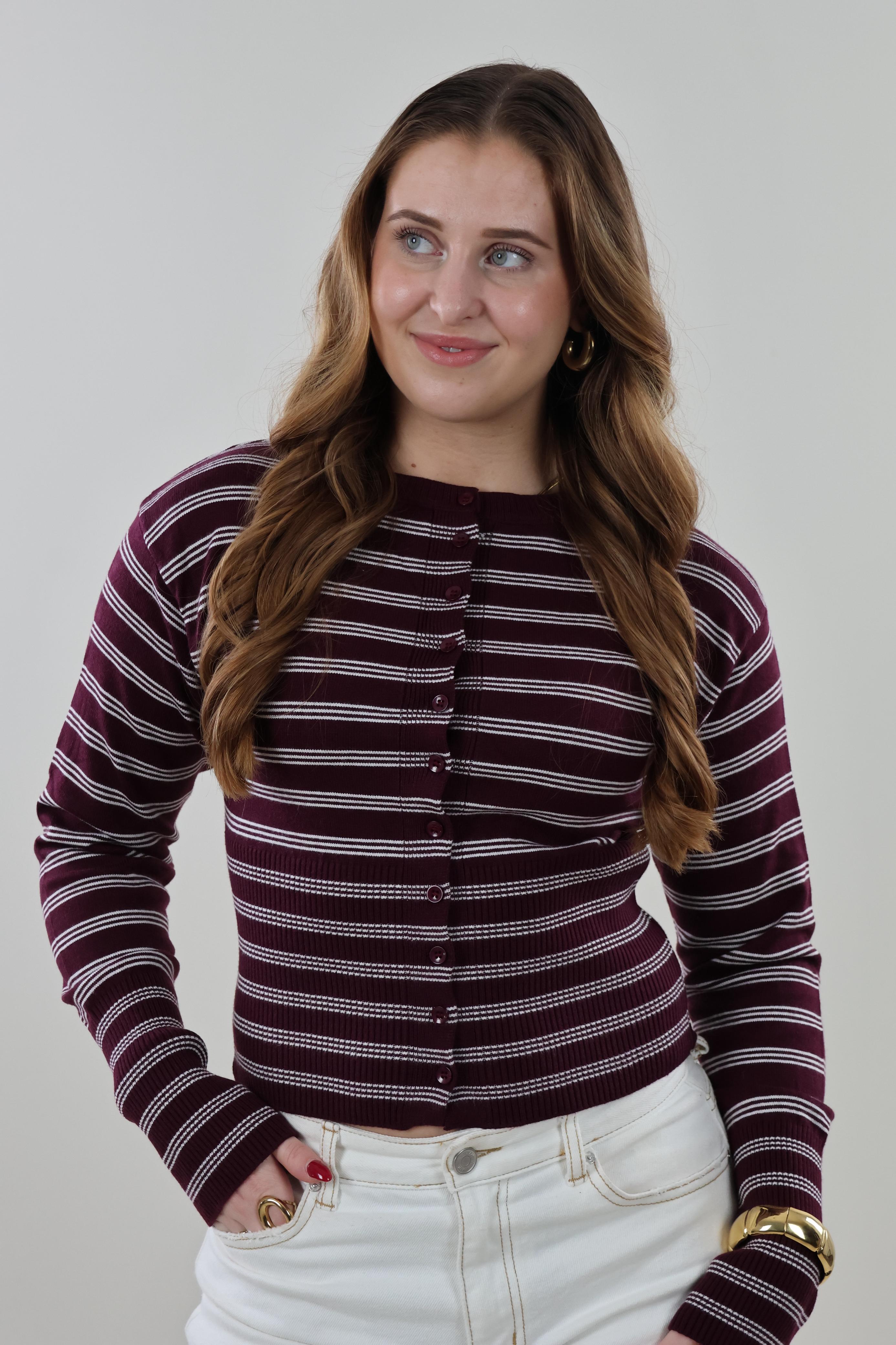Striped ribbed knit Cardigan - Burgundy