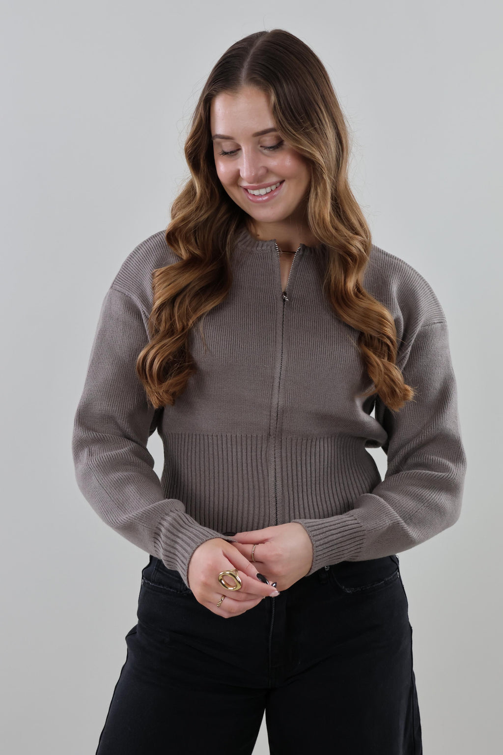 Zip-up knit Cardigan - Taupe