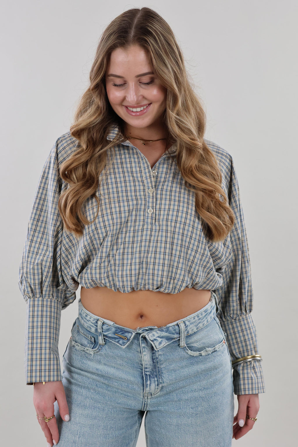 Plaid cropped Blouse - Beige