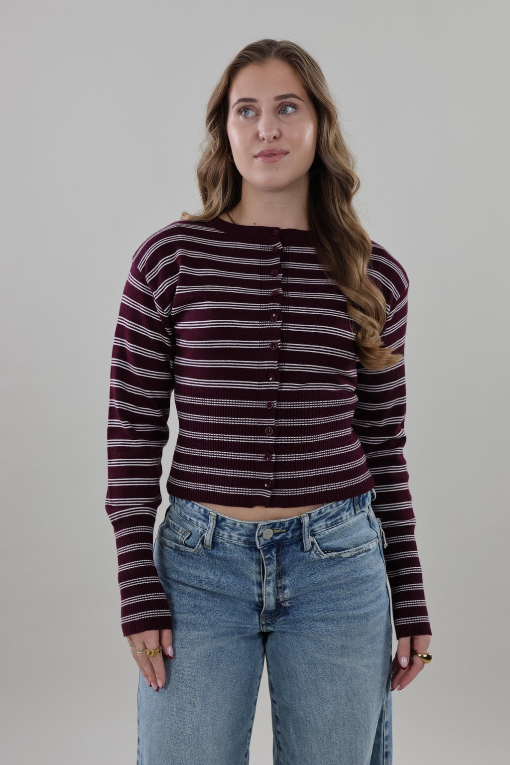 Striped ribbed knit Cardigan - Burgundy