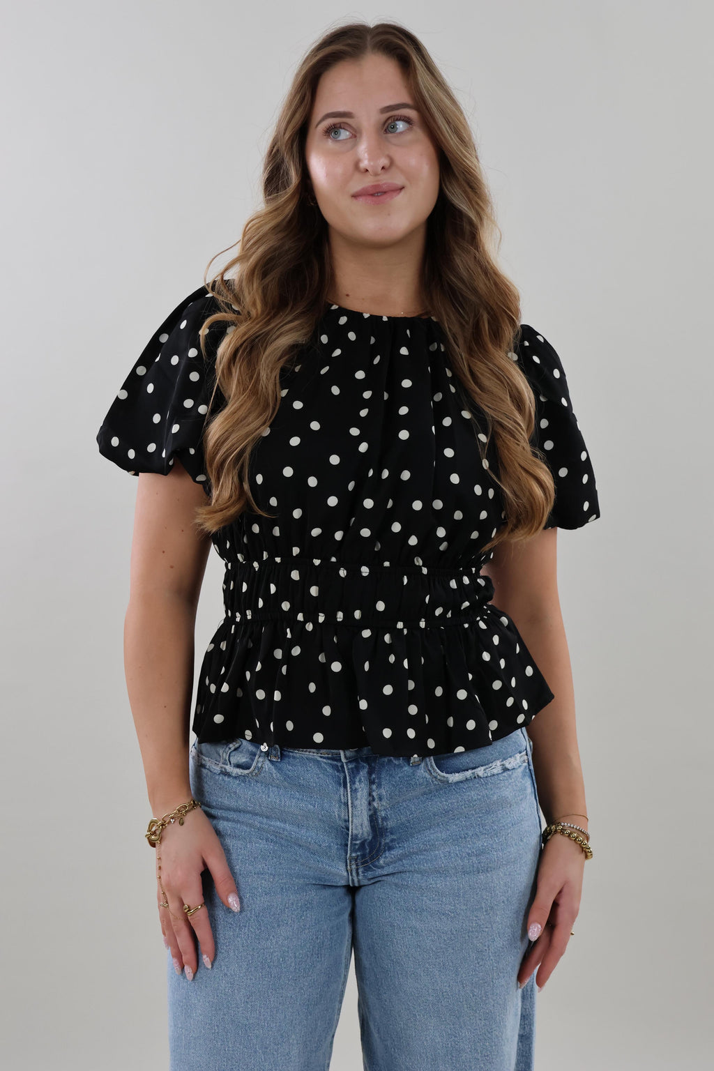 Polka smocked puff sleeve Top - Black