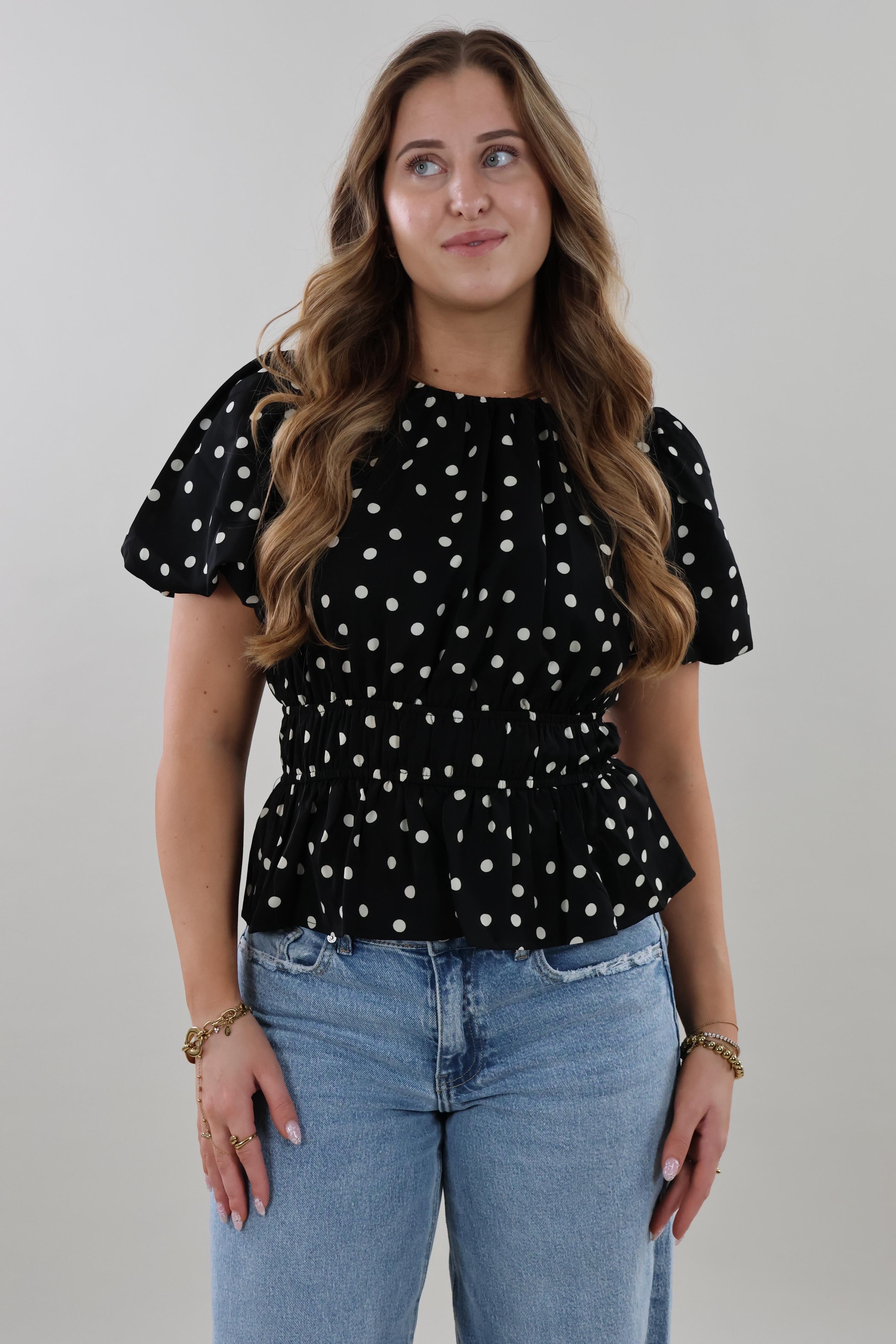 Polka smocked puff sleeve Top - Black