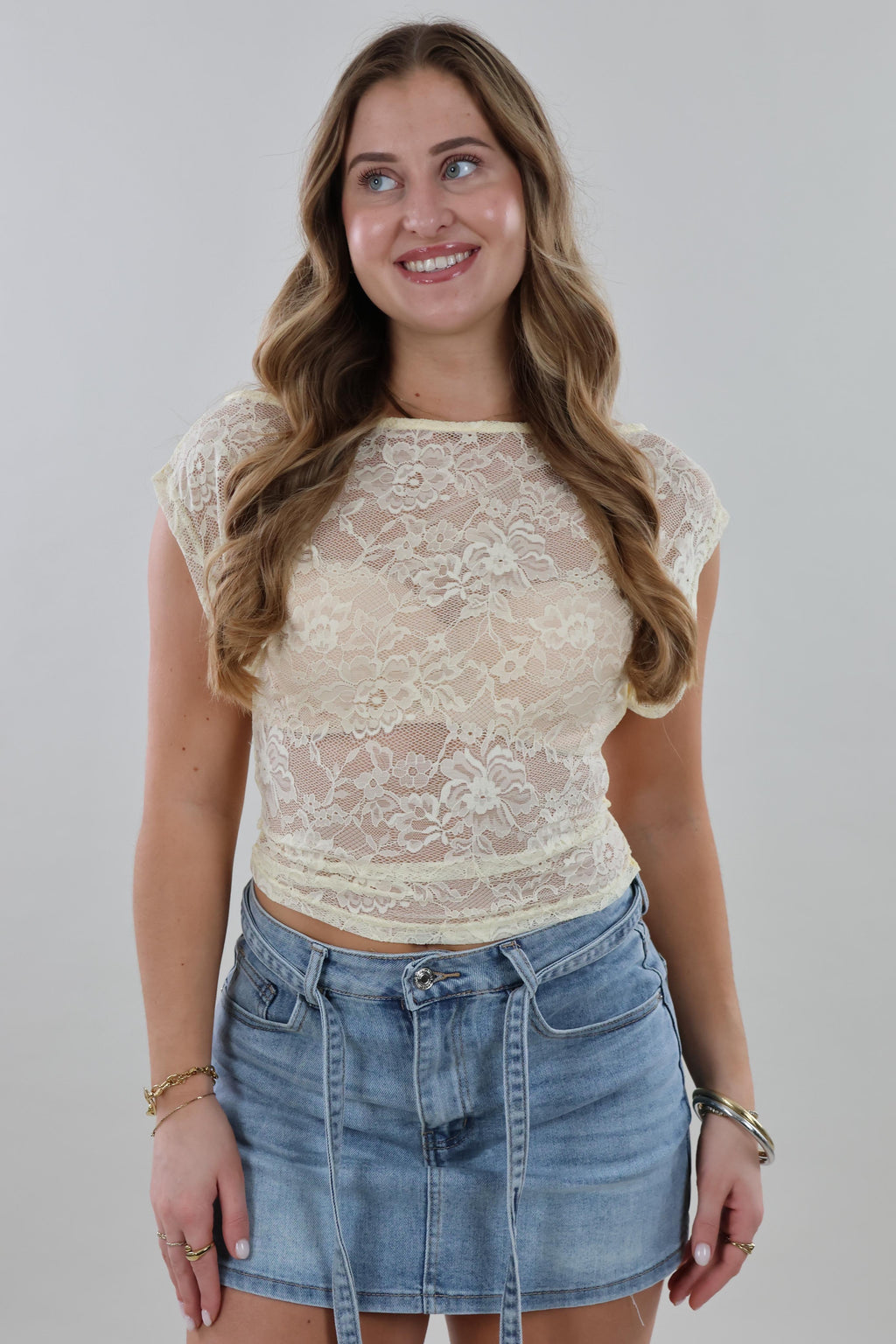 Sheer lace cropped Top - Butter yellow